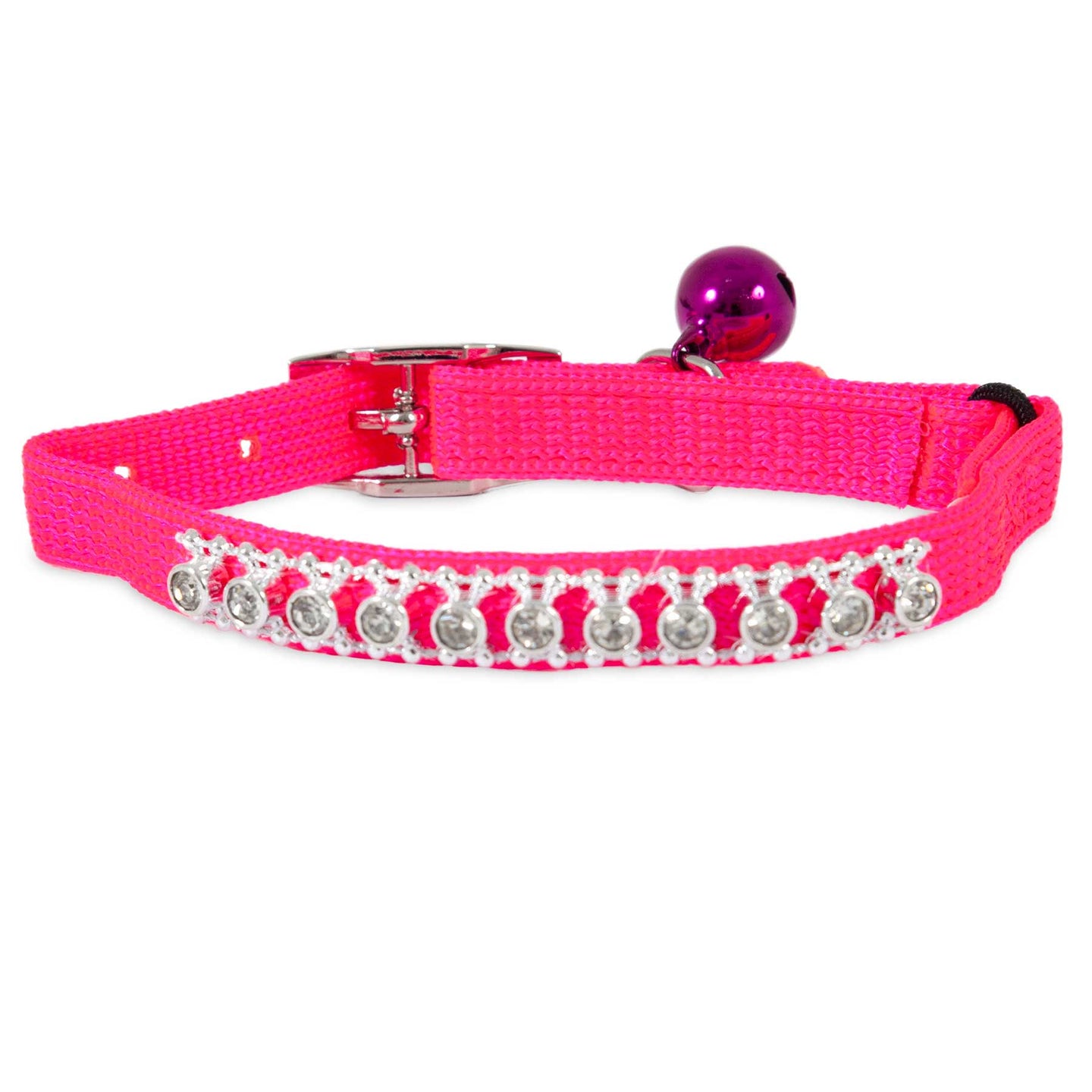 Meet the Petmate Pink Bling Elastic Cat Collar: a vibrant pink collar featuring clear rhinestones and a purple bell. This fashionable accessory has an adjustable buckle clasp, ensuring both style and comfort for your cat.