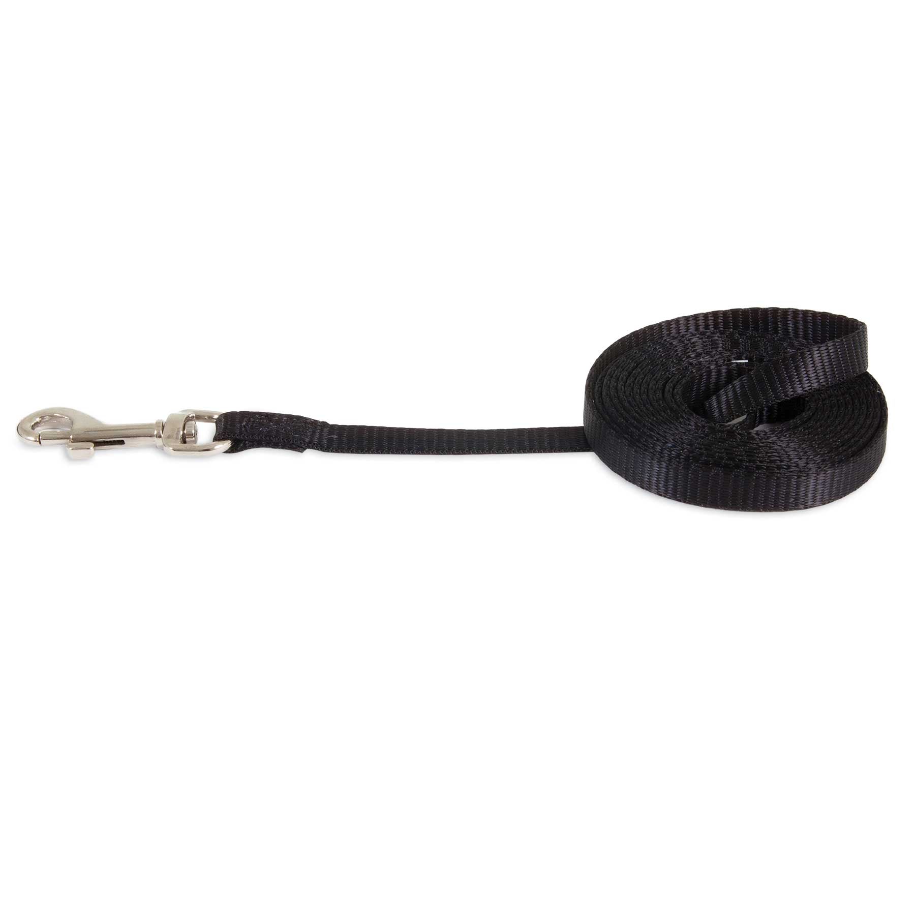 The Petmate Nylon Standard Core Dog Lead is a coiled black nylon leash from Petmate that includes durable hardware and features a metallic clasp on one end.