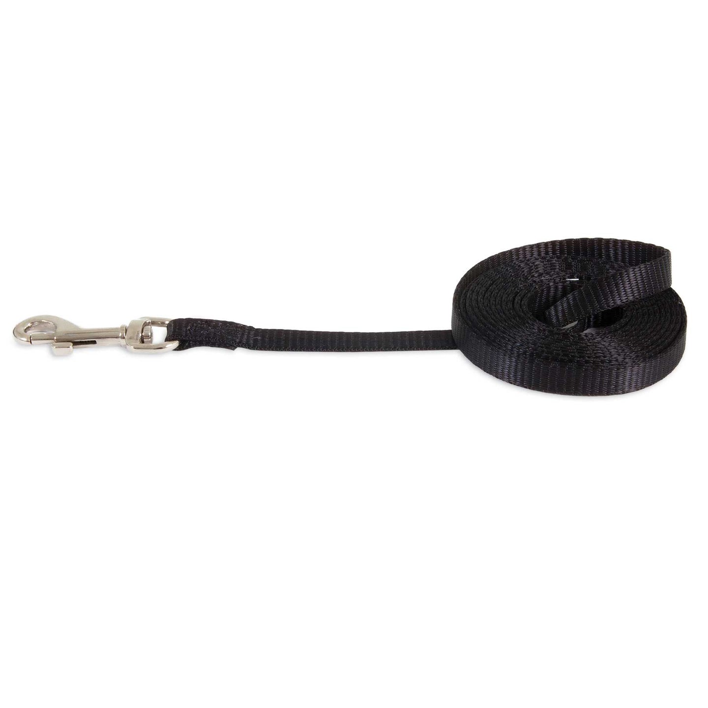 The Petmate Nylon Standard Core Dog Lead is a coiled black nylon leash from Petmate that includes durable hardware and features a metallic clasp on one end.