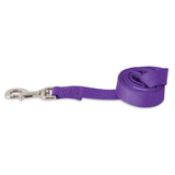 The Petmate Nylon Standard Core Dog Lead is a rolled-up, purple leash made from durable nylon fabric with reinforced stitching near the metal clasp, making it an ideal training aid for your pet.