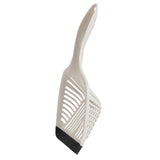 The Aspen Pet No Tear Cat Litter Scoop is a white plastic scoop with a comfortable grip, sifting slits, and a black-edged tip, perfect for the kitty litter box.