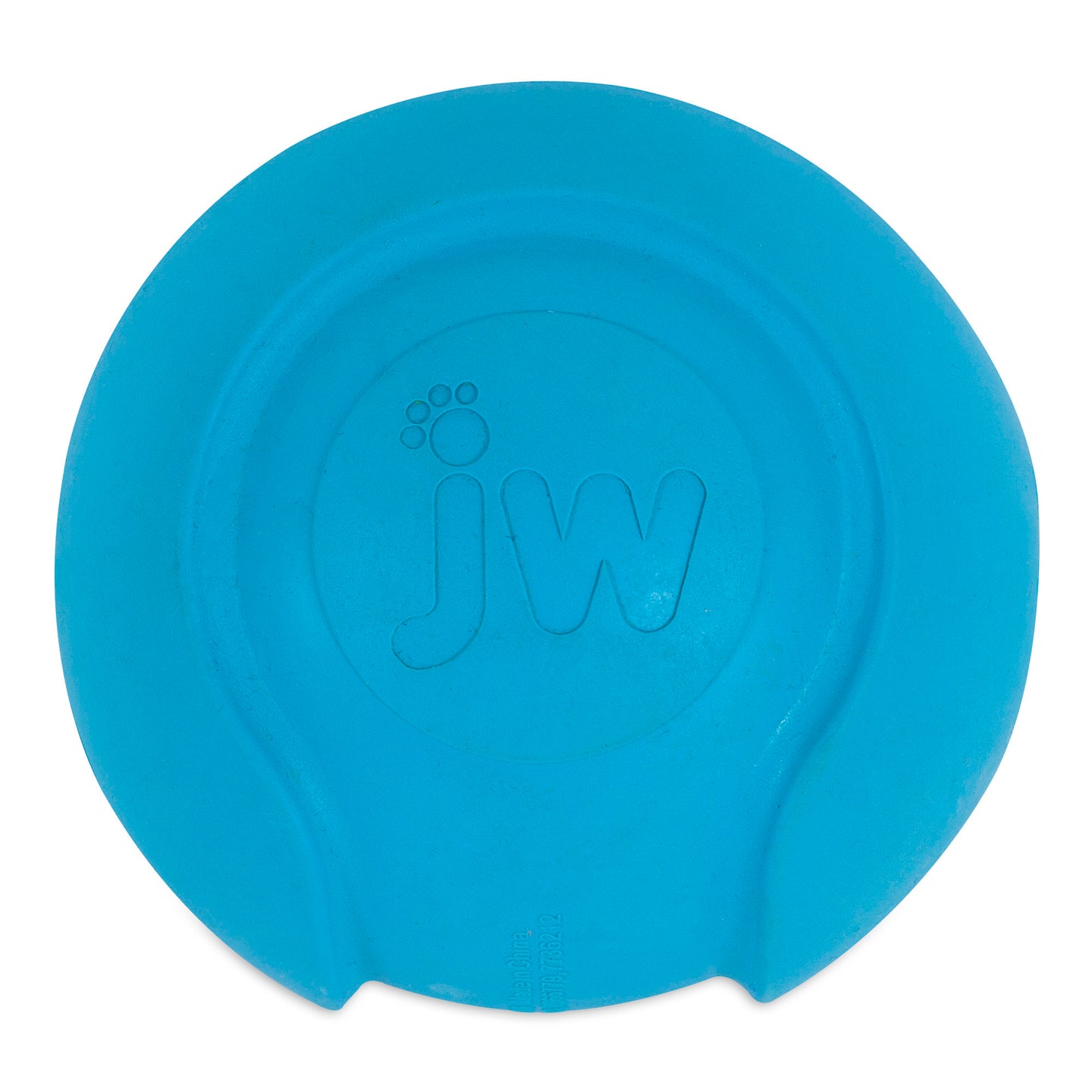 The JW iSqueak Bouncin Baseball is a blue, circular dog toy made of heavy-duty rubber featuring jw embossed in the center. It has a slightly textured surface, smooth edges, and Safe-Squeaker Technology for endless play.