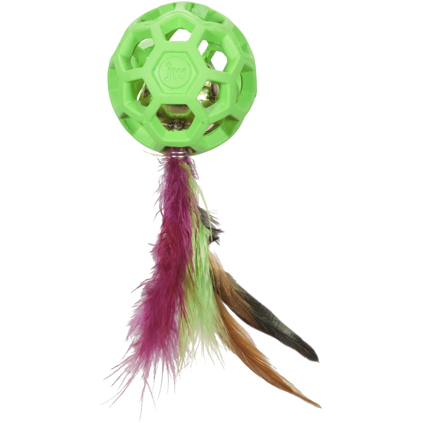 The JW Cataction Feather Ball with Bell by Jw is a vibrant green rubber toy with hexagonal cutouts and logo, featuring dangling colorful feathers in purple, green, brown, and black that make it highly engaging for cats.