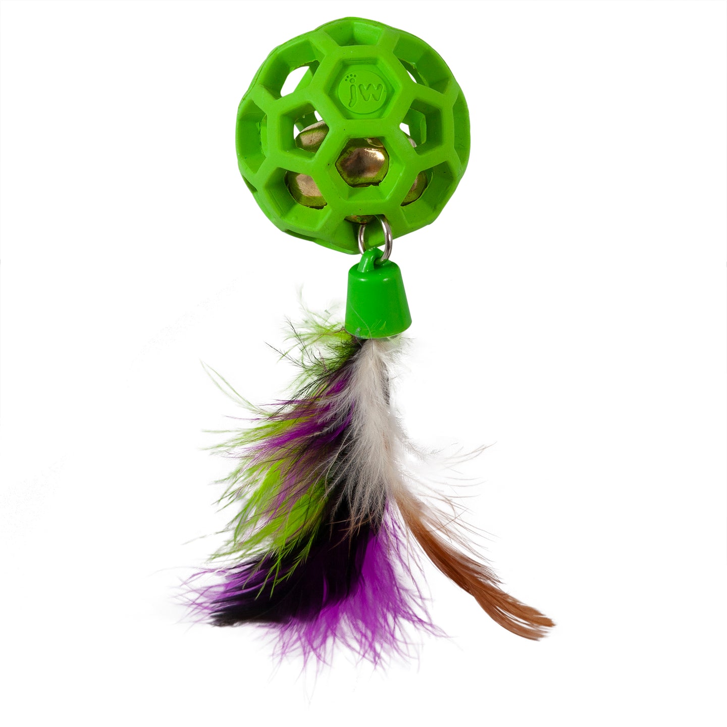 Presenting the JW Cataction Feather Ball with Bell Cat Toy—a bright green lattice sphere from JW, featuring an internal bell and colorful feathers (green, purple, white, brown) attached to the bottom.