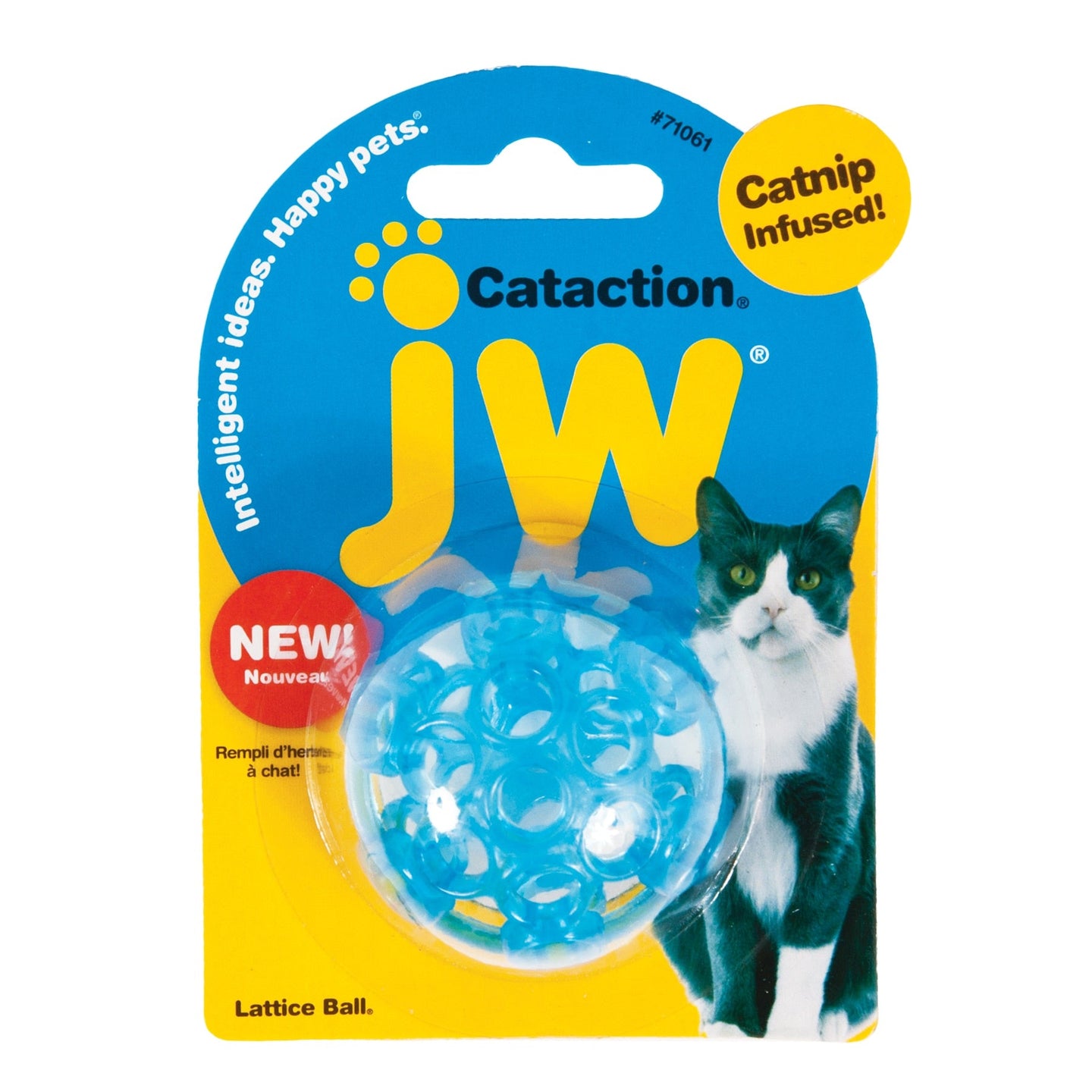 The JW Cataction Lattice Ball Cat Toy by JW is an interactive blue plastic ball with catnip, packaged with a black and white cat photo on a blue and yellow background. The packaging features “Catnip Infused!” and “NEW!” in red.