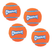 Four Chuckit! Tennis Balls for Dogs, bright orange with blue stripes and Chuckit! logos, are crafted from durable material and arranged against a plain white background.