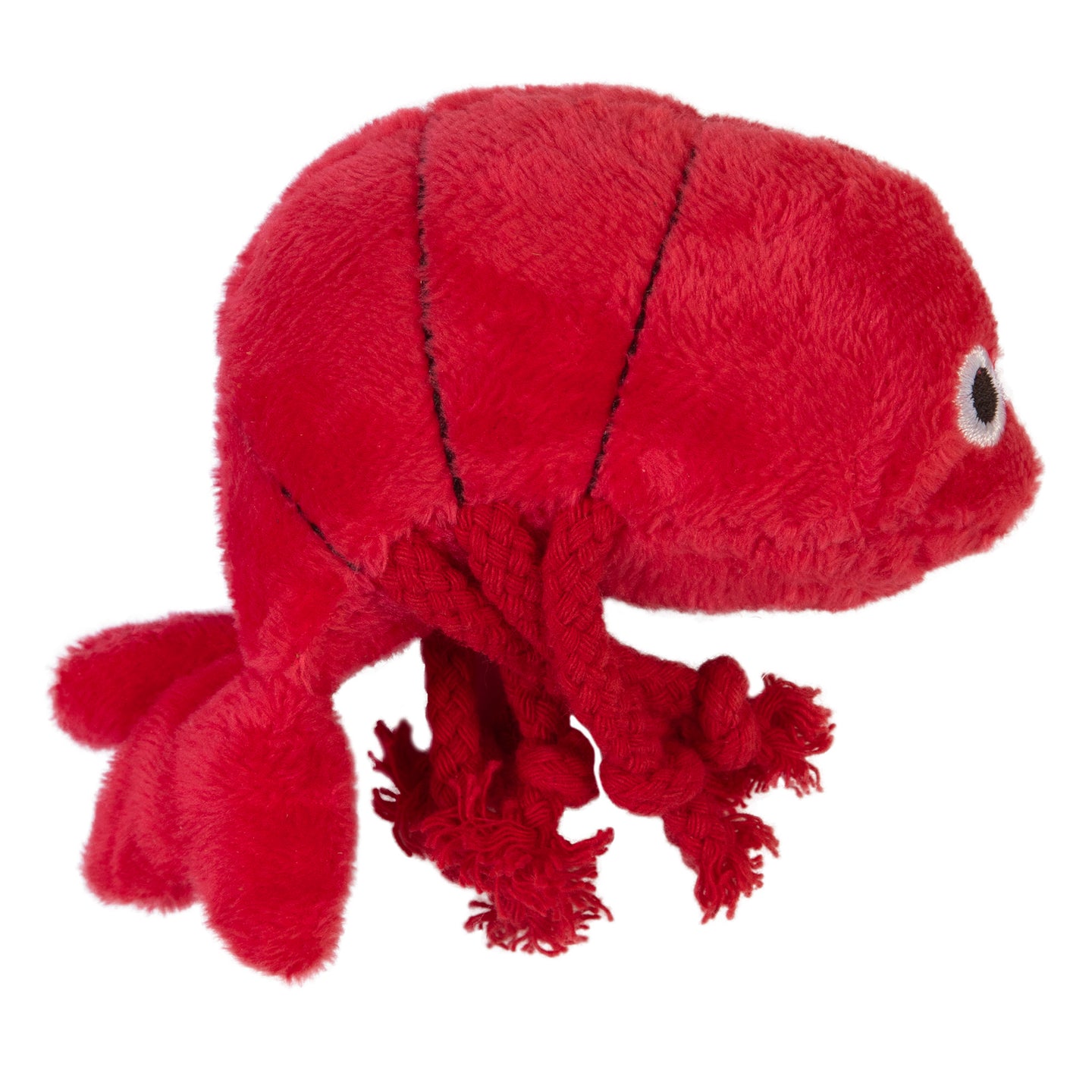 The Mad Cat Pouncin Prawn by Mad Cat is a red plush lobster toy featuring embroidered eyes, a segmented body, and frayed rope-like legs, infused with silvervine for feline delight.