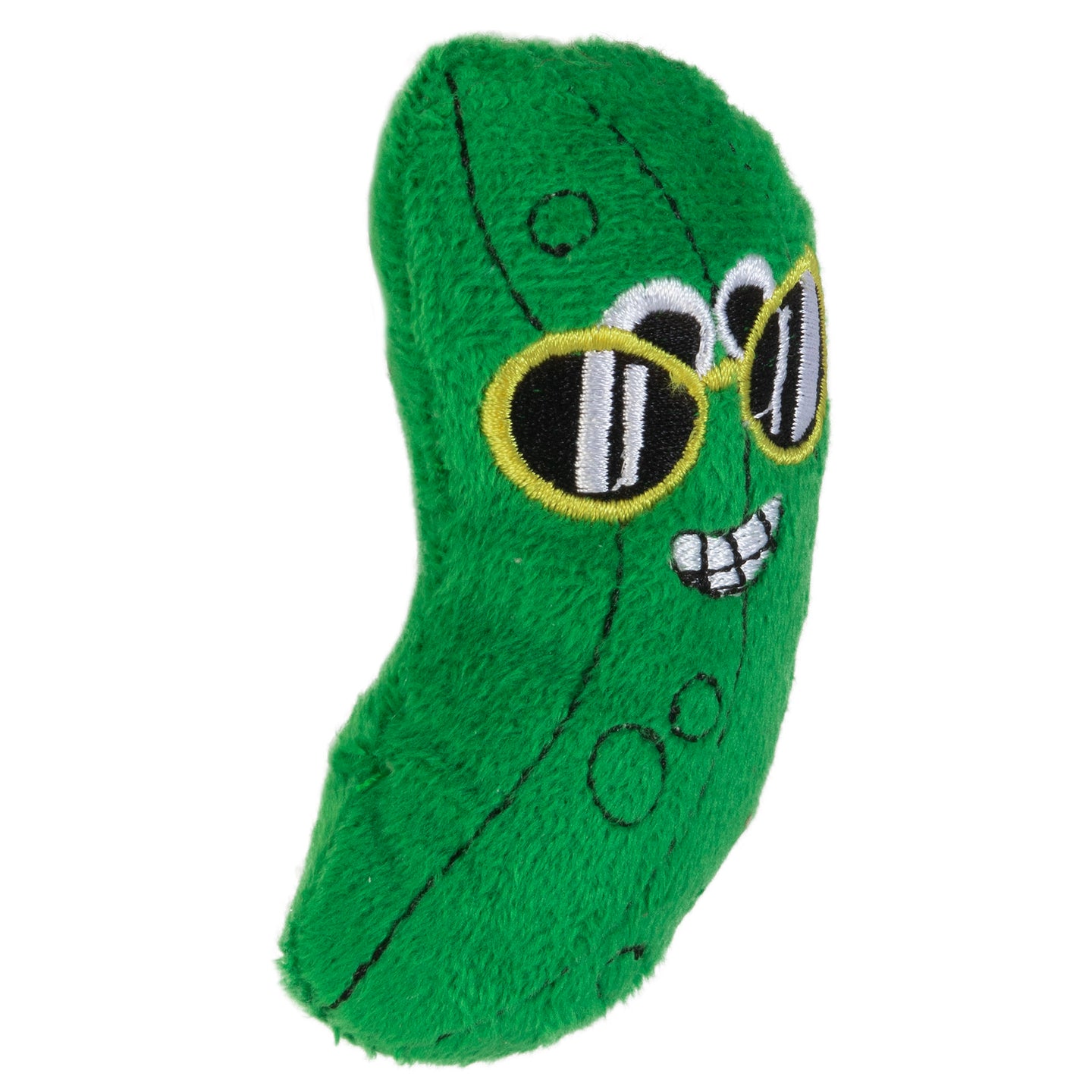 The Mad Cat Cool Cucumber Catnip & Silvervine Cat Toy, from the brand Mad Cat, is a plush green pickle with cartoon eyes and circular patterns. It features embroidered black sunglasses, a smiling mouth, and is enhanced with silvervine for added feline enjoyment. Perfect as a cat toy!.