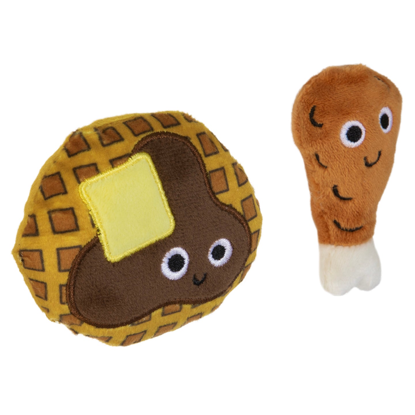 The Mad Cat Chicken and Waffles Twin Pack Catnip & Silvervine Cat Toy includes two adorable plush toys—a smiling waffle with butter and a drumstick. Infused with catnip, these soft, cartoon-like toys offer endless feline delight, bringing joy to both cats and their owners.
