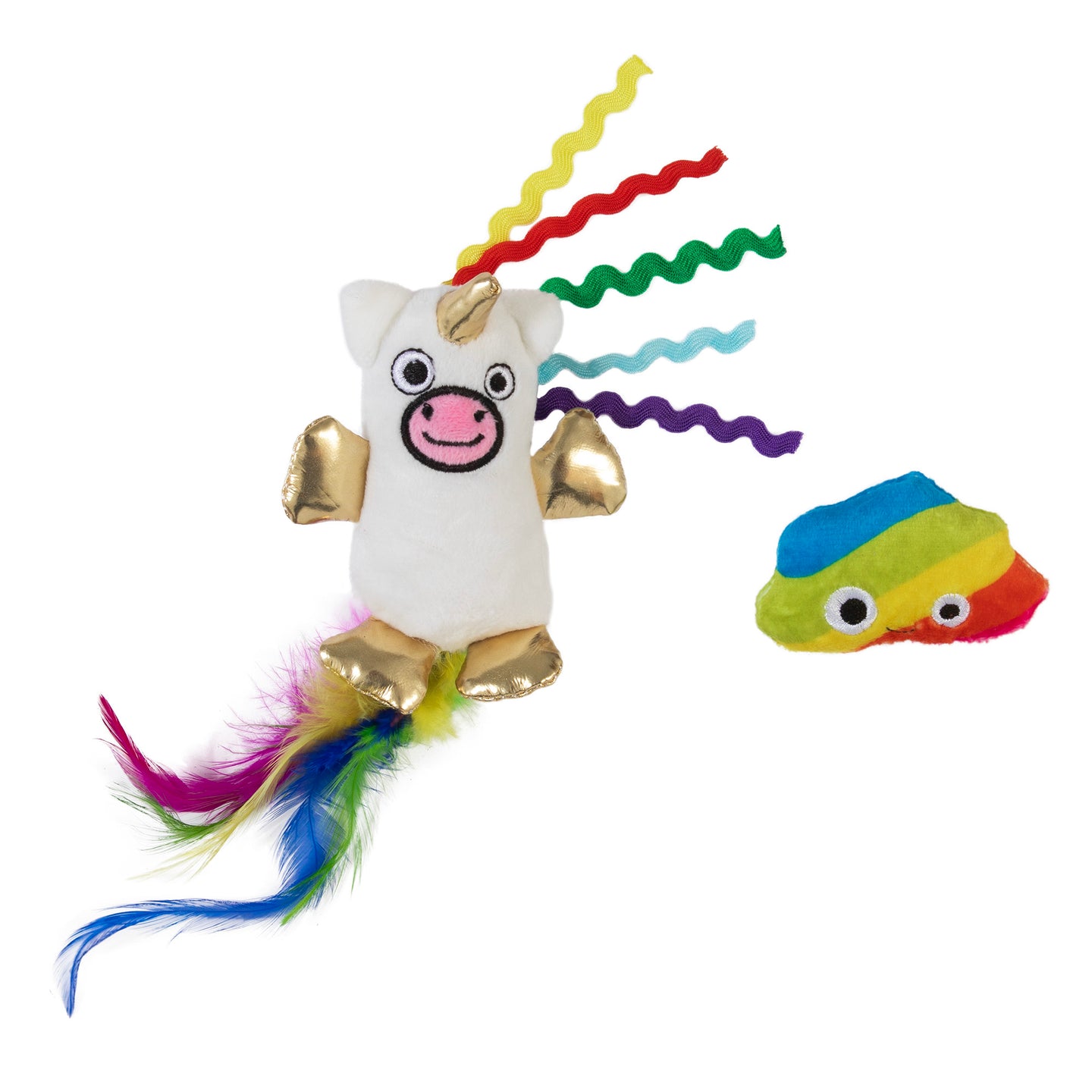 The Mad Cat Mewnicorn With Catnip & Silvervine cat toy, featuring a colorful design with golden hooves, a horn, rainbow mane, and feathered tail sits beside a whimsical plush with googly eyes. Ideal as playful pet toys for cats.