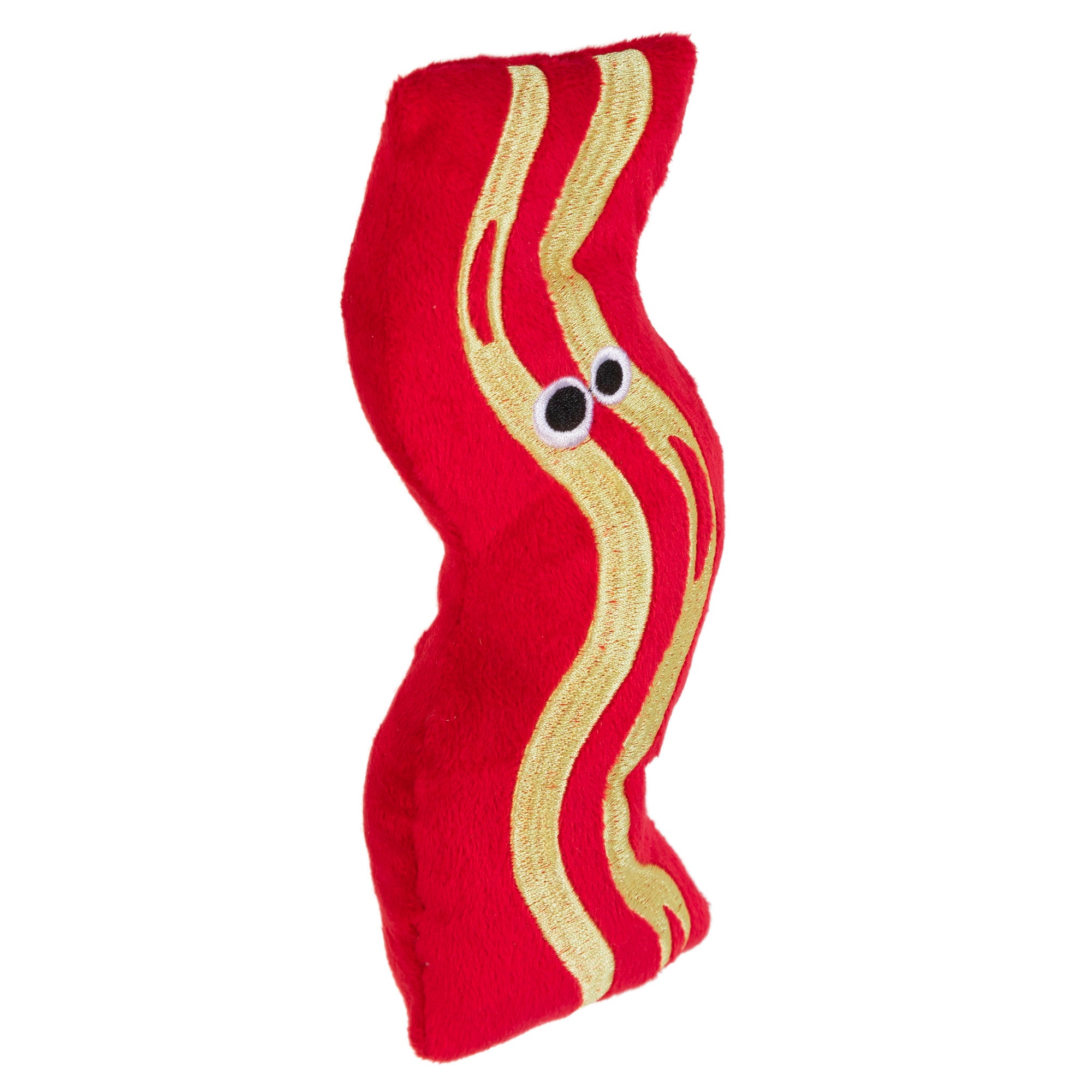 The Mad Cat Bacon Kicker With Catnip & Silvervine Cat Toy is a whimsical, wavy-edged bacon-shaped plush with red and beige stripes and big embroidered eyes, perfect for entertaining your feline friend.
