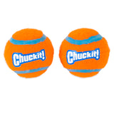Two bright orange Chuckit! Tennis Balls for Dogs feature bold blue stripes and the Chuckit brand name in crisp white. Made from durable material, these high-bouncing balls are displayed side by side on a pristine white background.