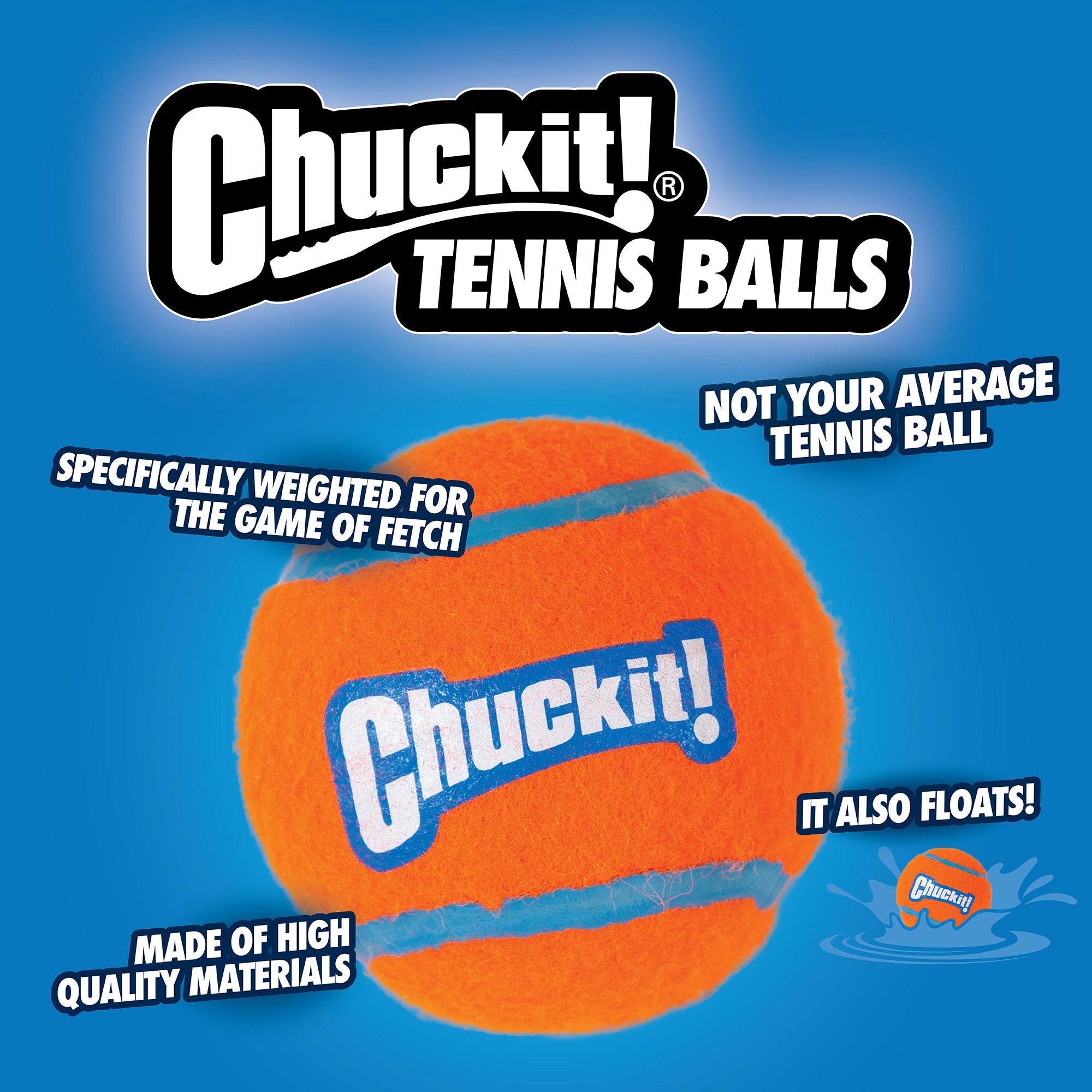 The Chuckit! Tennis Balls for Dogs by Chuckit, set against a blue backdrop, are high-bouncing and durable. Specifically weighted for fetch, these balls float and outshine typical tennis balls. Built from high-quality materials, they promise endless fun with your furry friend.