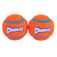 Chuckit! Tennis Balls for Dogs by Chuckit come in bright orange with blue accents and the logo. Theyre made from durable material for high-bouncing fun and endless games of fetch.