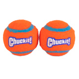 Chuckit! Tennis Balls for Dogs by Chuckit come in bright orange with blue accents and the logo. Theyre made from durable material for high-bouncing fun and endless games of fetch.