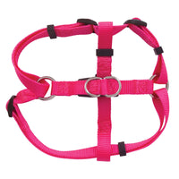 The Petmate Adjustable Standard Step-In Core Harness by Petmate is a bright pink dog harness featuring adjustable straps, metal rings for secure leading, and black plastic buckles for quick and reliable fastening.
