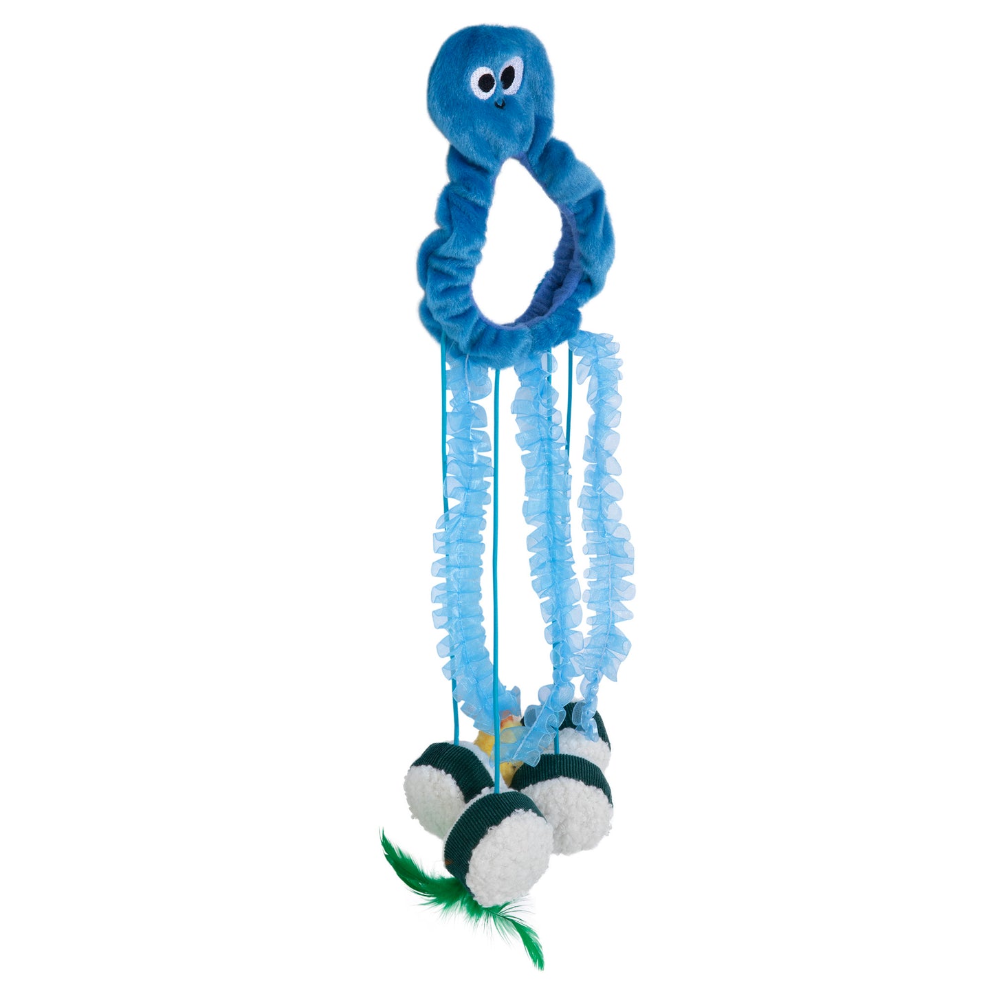 The Mad Cat Sushi Time Doorknob Toy is a blue octopus-shaped cat toy with a stuffed head, ruffled ring body, and long wavy fabric tentacles infused with silvervine. Each tentacle ends in a black and white plush ball topped by a small green feather for your cats enjoyment.