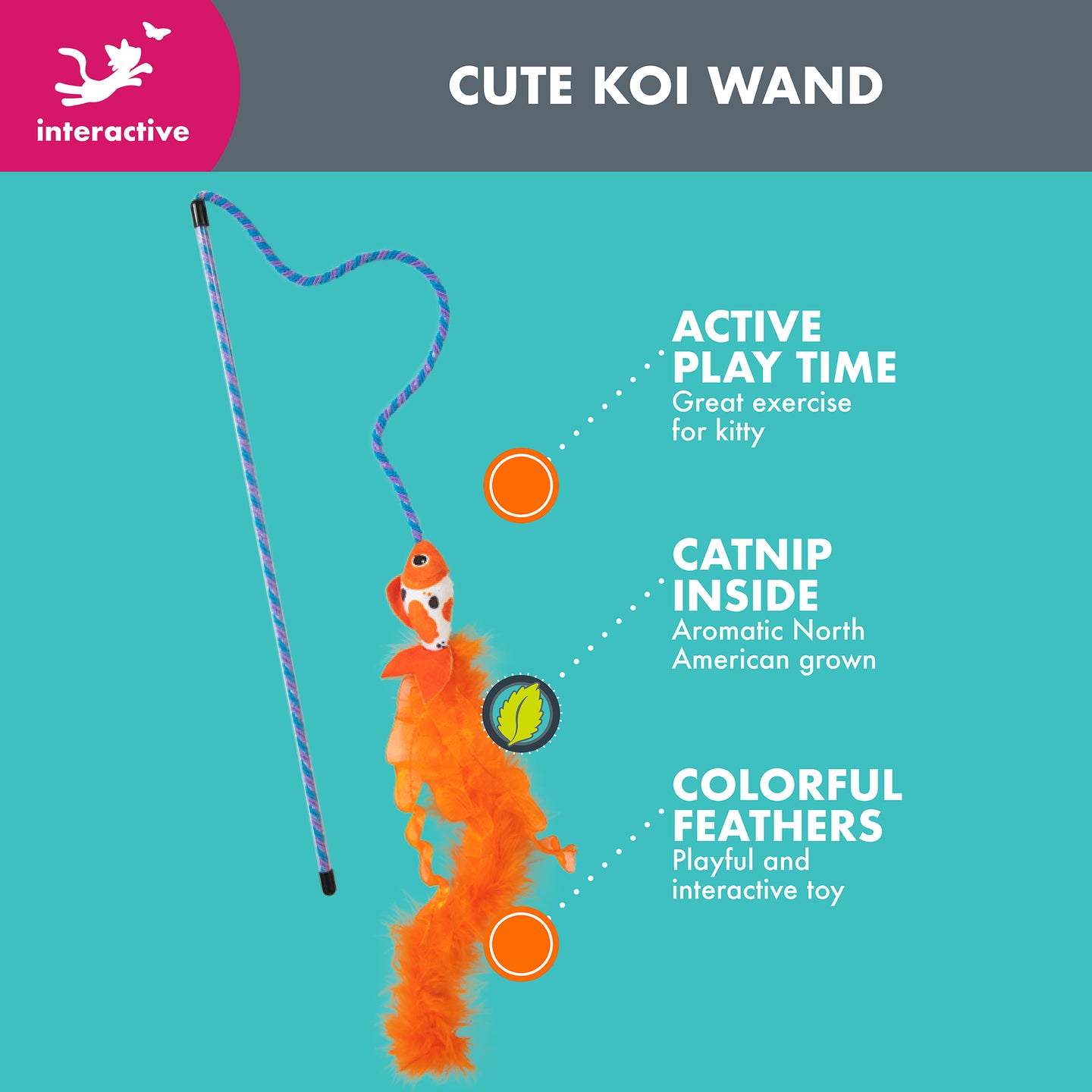 The Quirky Kitty Cute Koi Wand cat toy offers a blue wand with a string attached to an orange koi plush. Ideal for interactive play, it includes catnip and colorful feathers to keep your cat entertained and active.
