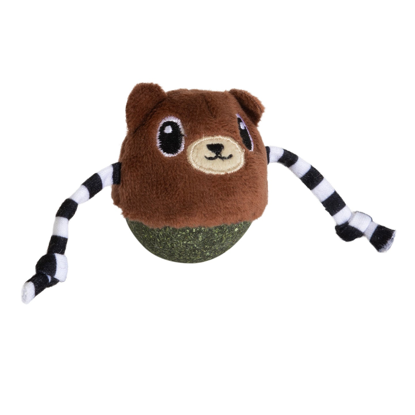 The Quirky Kitty Bobble Bear Catnip Bobbler Cat Toy features a plush bear with a round body, brown fuzzy head, embroidered face, and long black and white striped arms. Packed with compressed catnip, its perfect for entertaining your feline companion.