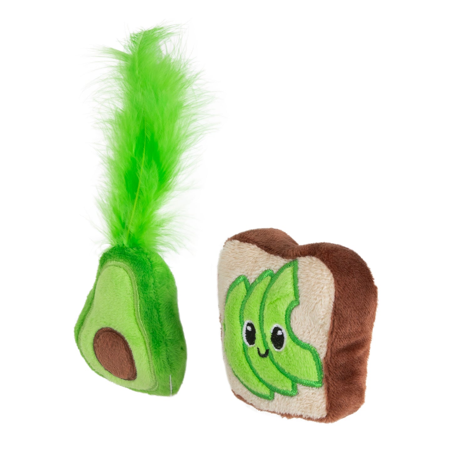 The Quirky Kitty Avocado Toast Catnip Plush Cat Toy by Quirky Kitty features a plush avocado half with a bright green feather and a bread slice with smiling avocado slices, both perfect as cat toys. They are infused with North American catnip for endless feline fun.