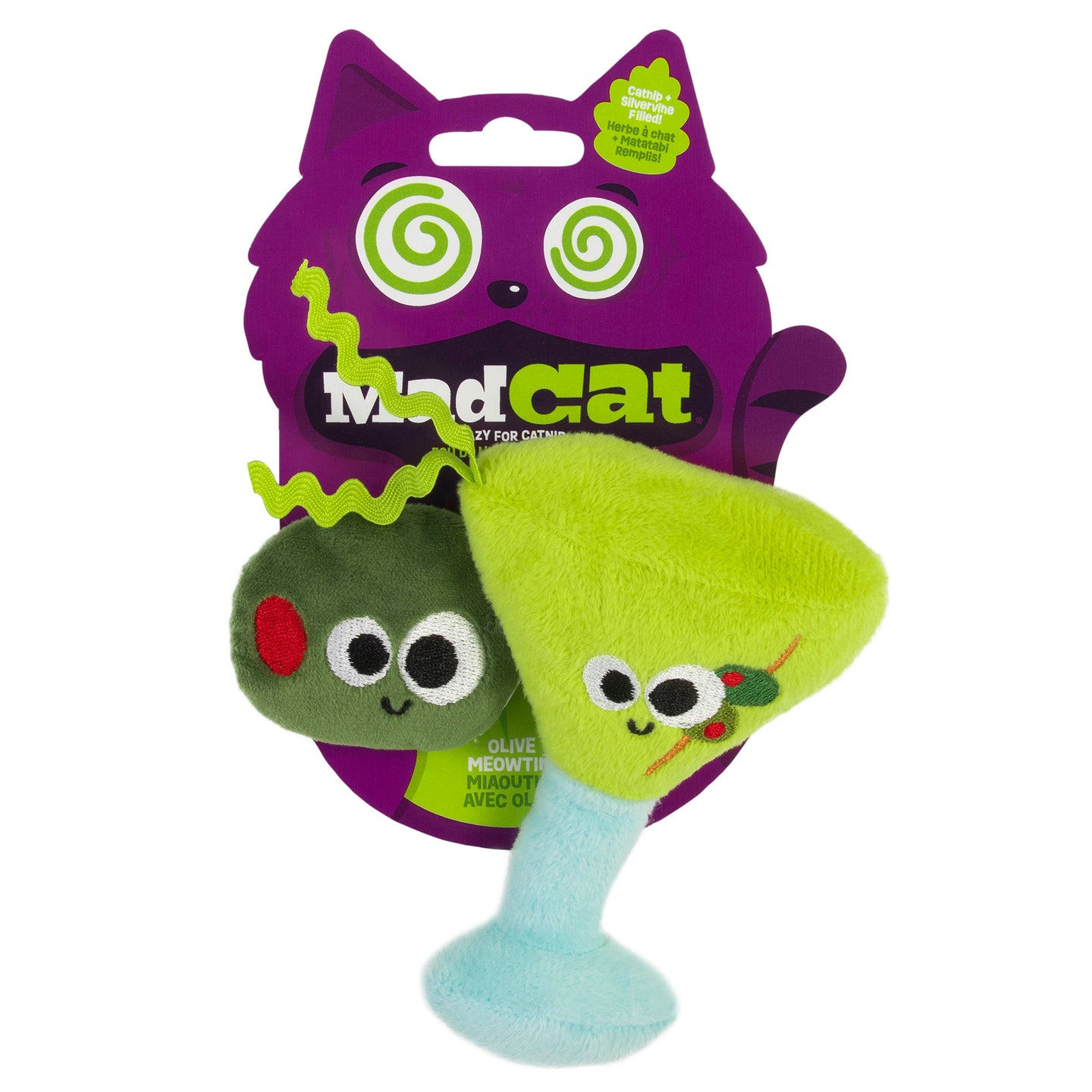 The Mad Cat Olive Meowtini features a plush green martini glass toy with a smiley face and lime, wavy stem, infused with silvervine and catnip. It comes in purple packaging adorned with a stylized cat illustration and the Mad Cat label.