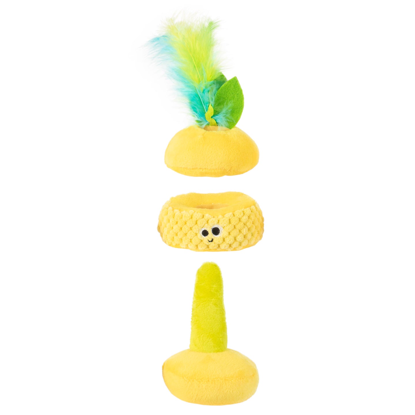 The Mad Cat Pouncin Pineapple Stacker Puzzle is a plush cat toy with three detachable sections: a yellow base, smiley middle, and top with green and blue feathers. Infused with Silvervine for extra fun, it offers vertical stacking to enhance feline playtime.