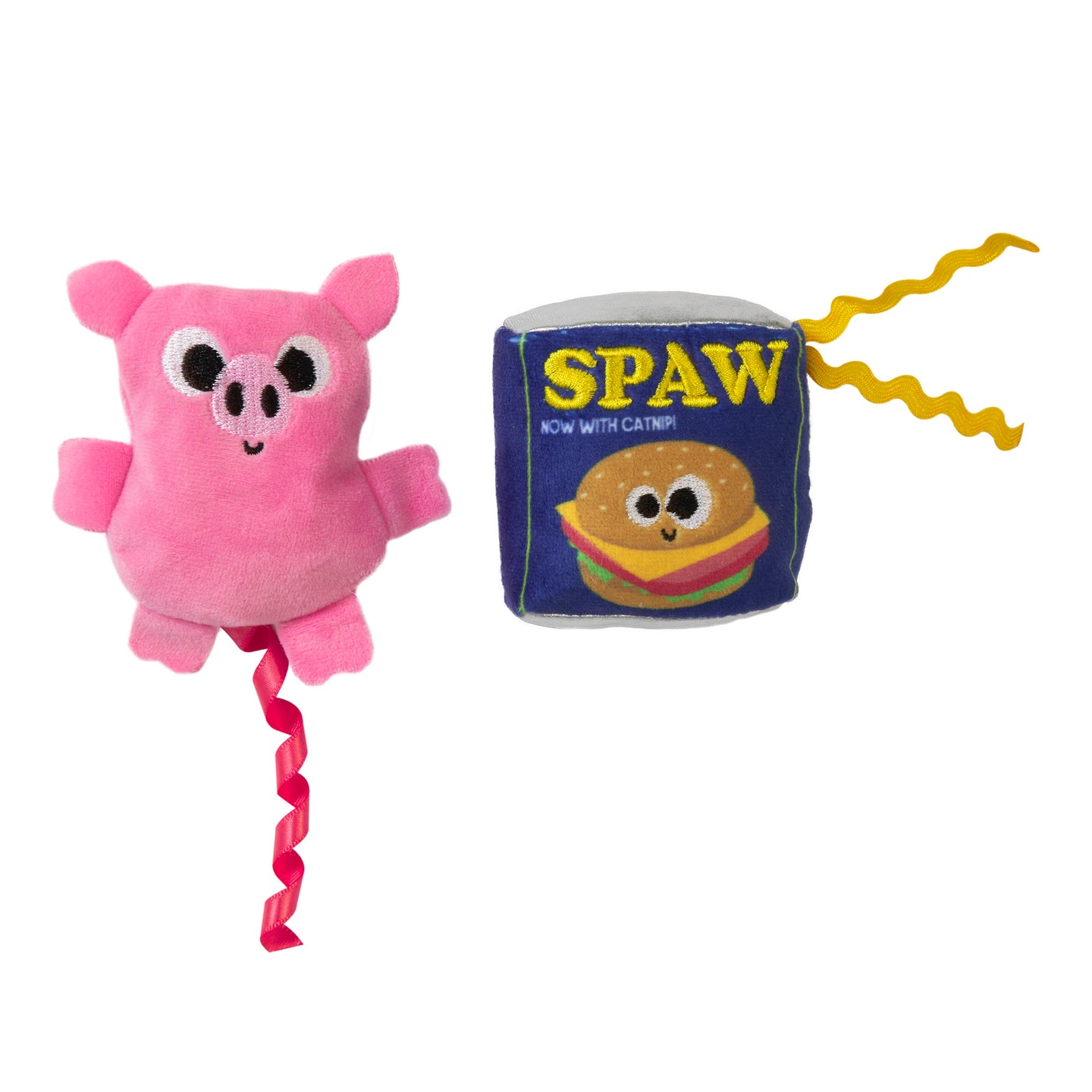 The Mad Cat Canned Ham toy features a pink plush pig with a curly tail and a blue can marked SPAW, decorated with an eye-catching burger design. Both include yellow and pink curly ribbons, ideal as playful catnip alternatives or thrilling toys for cats.
