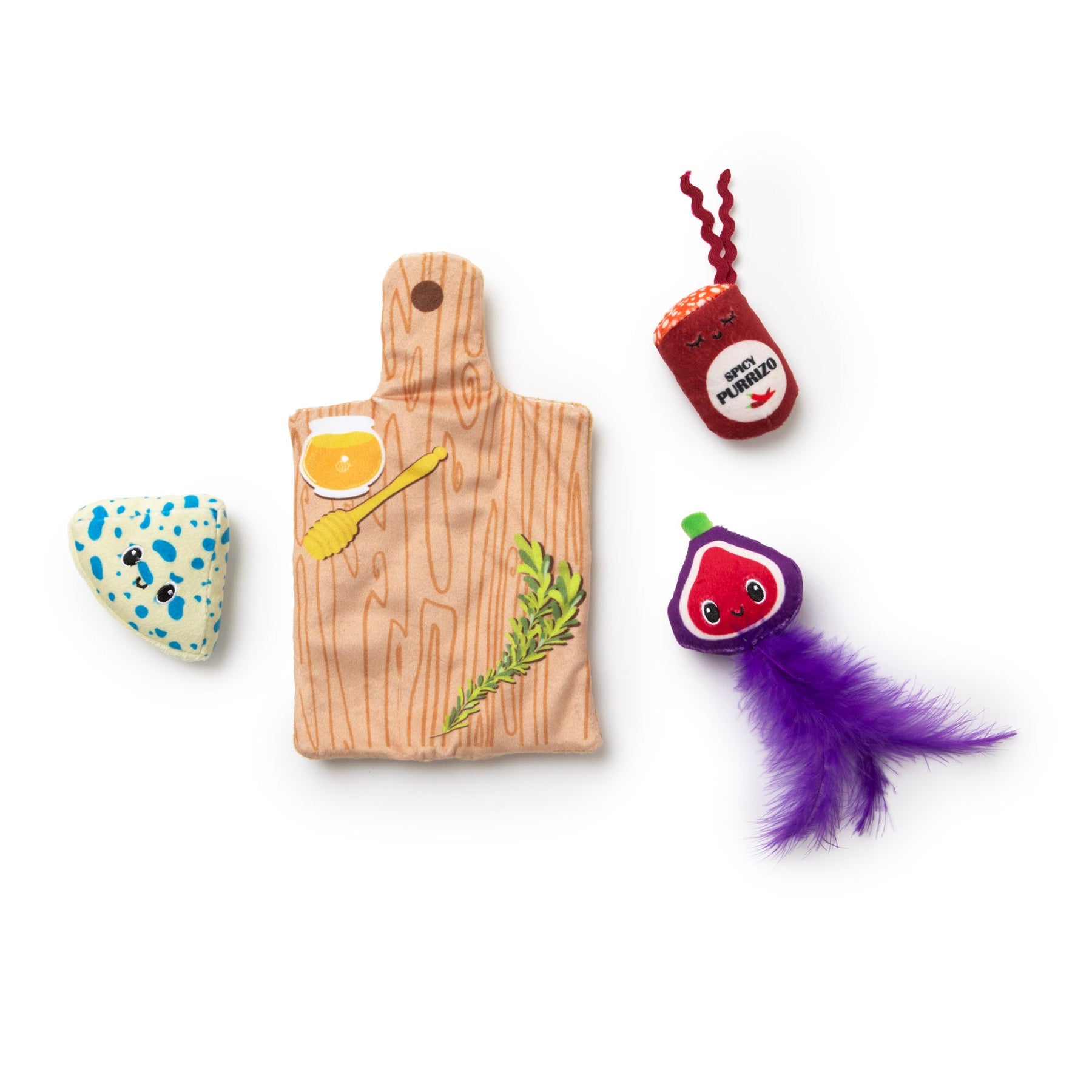 Introducing the Quirky Kitty Charcuterie Board Play Mat, a whimsical set featuring a plush cutting board, honey dipper, blue-speckled cheese with red curls, wine bottle, and fig with purple feathers—a delightful playtime treat for cats and canines.