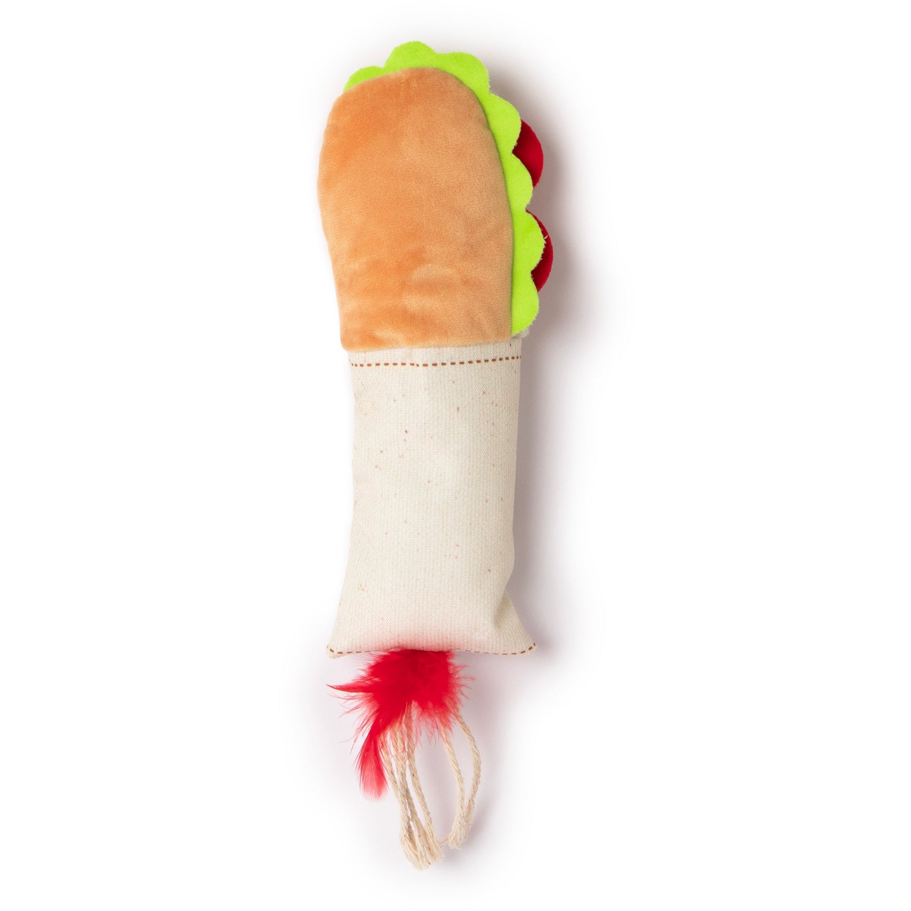 The Quirky Kitty Deli Delight Kicker by Quirky Kitty is a plush dog toy shaped like a taco, featuring brown, green, and red fabric with a beige base. Enhanced with natural feather accents and two string loops, it makes for an irresistible and playful cat toy.