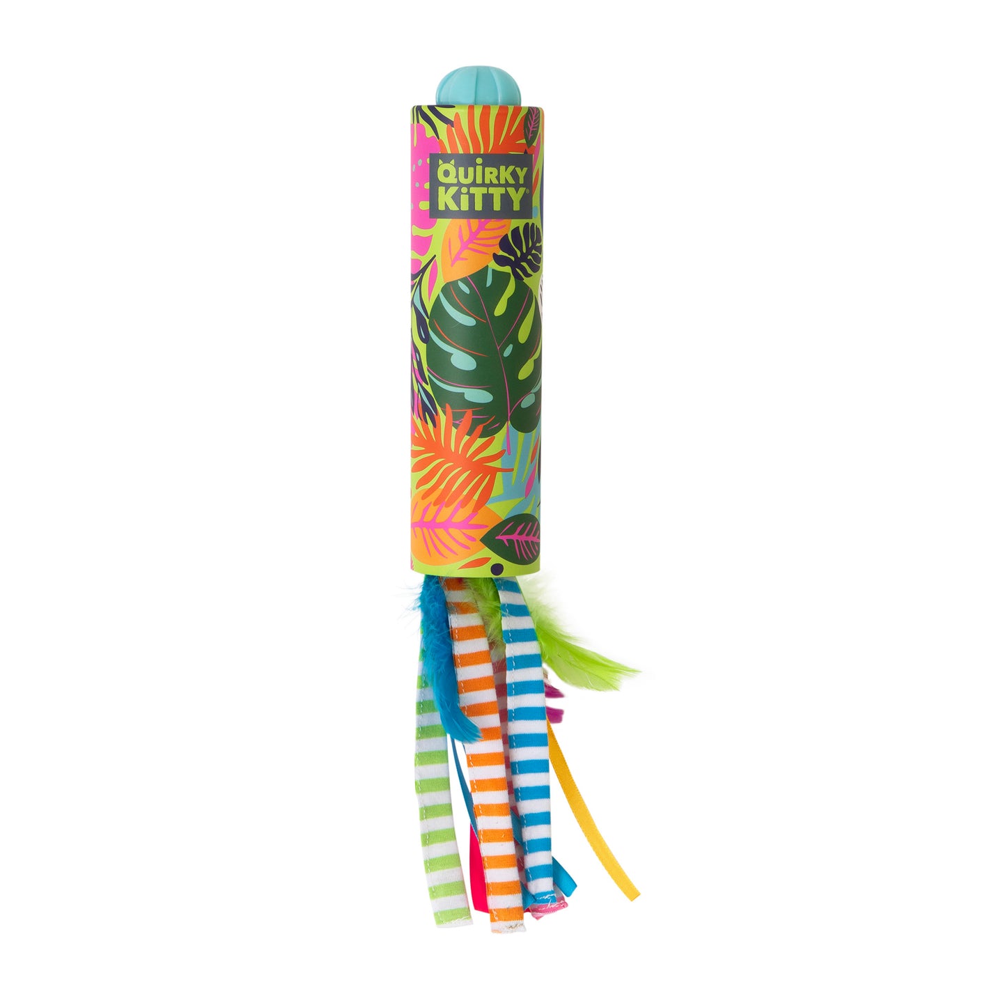 The Quirky Kitty® Peek & Pounce Wand by Quirky Kitty features a tropical leaf design with striped, solid, and feathered ribbons—an interactive cat toy that’s perfect for playful kitties.