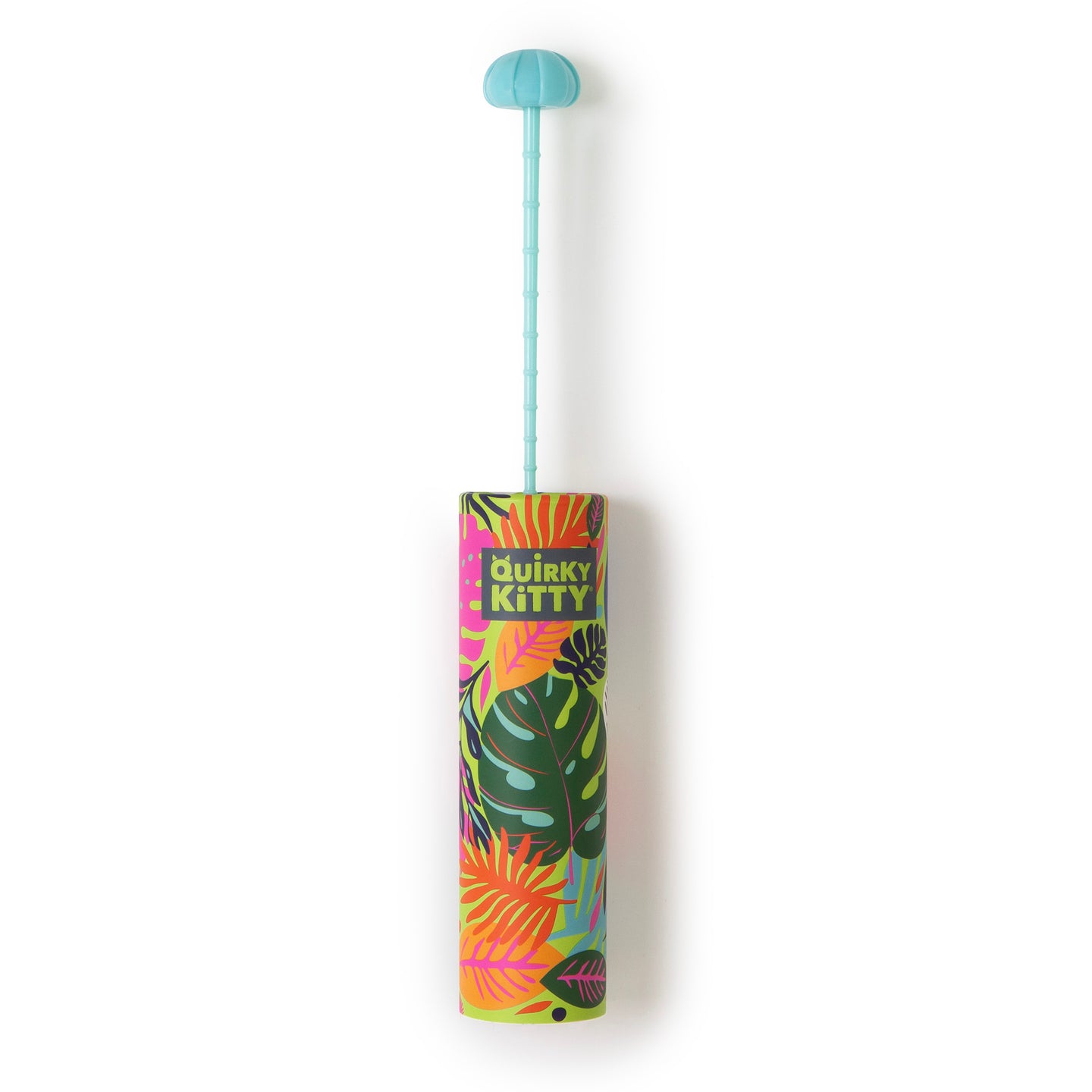 The Quirky Kitty® Peek & Pounce Wand by Quirky Kitty features a long teal interactive wand and a cylindrical base with vibrant tropical leaves and “QUIRKY KITTY” text near the top, making a colorful cat hunting toy.