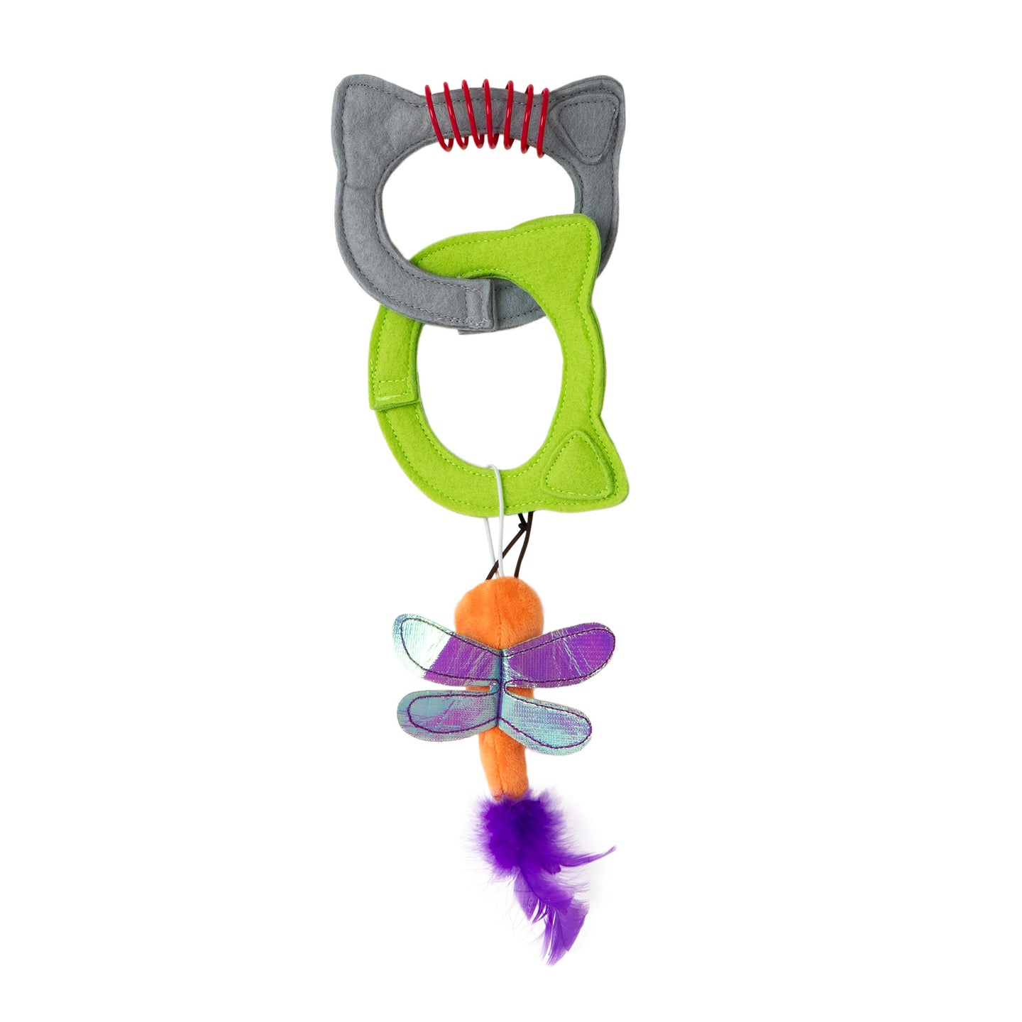 The Quirky Kitty Kitty Connects Cat Toy by Quirky Kitty includes gray and green fabric rings resembling cat faces attached to a vibrant base, an orange fuzzy section, a plush dragonfly with transparent wings, and a purple feather for interactive play. Its perfect for adding extra fun to your felines day!.