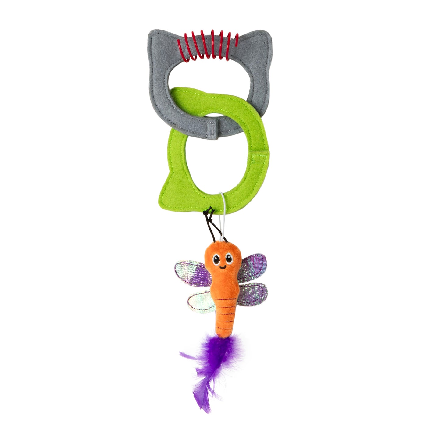 Introducing the Quirky Kitty Kitty Connects Cat Toy by Quirky Kitty: a vibrant array of shapes and textures, featuring a red spring, gray and green felt cats, plus an orange plush dragonfly with iridescent wings and a purple feather tail. Perfect for keeping your feline entertained for hours!.