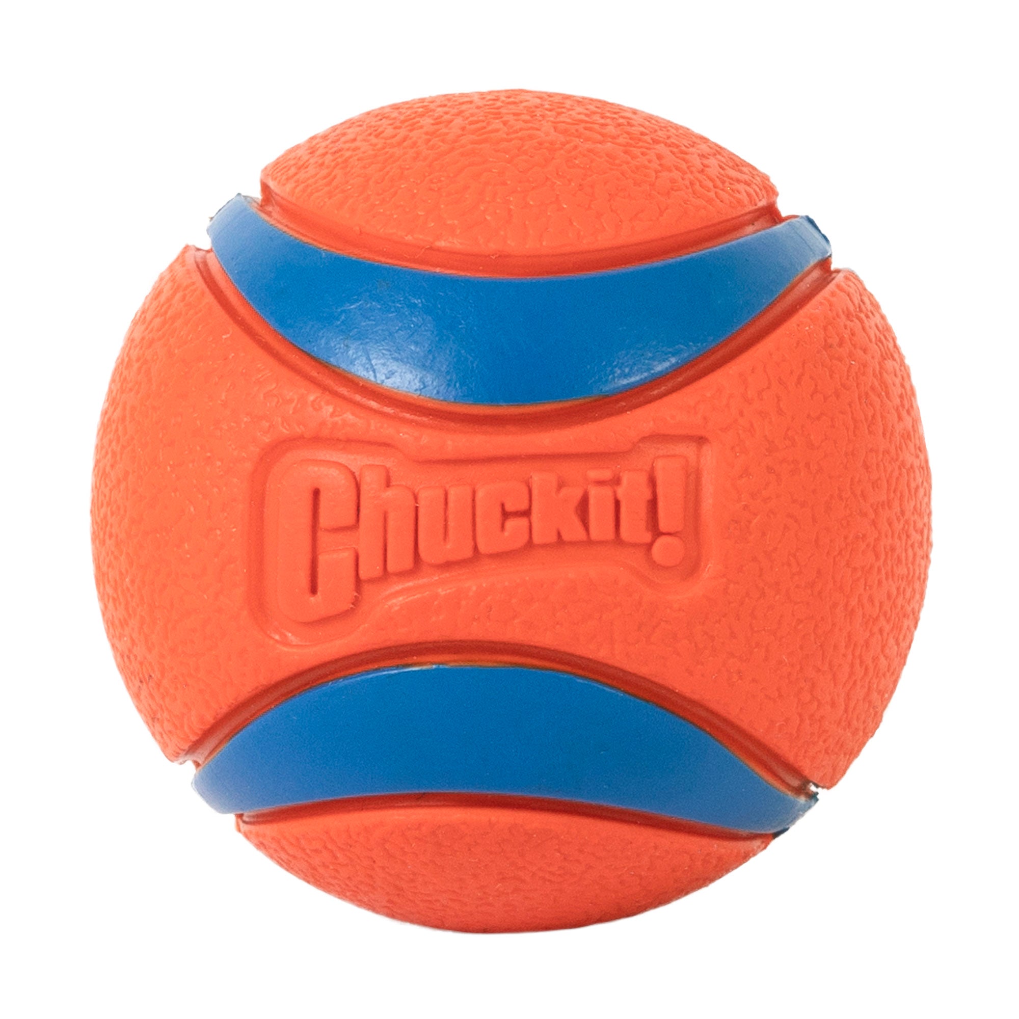 The Chuckit! Ultra Ball Dog Toy by Chuckit is orange and textured, featuring two blue curved stripes and the raised word Chuckit! on its surface, known for high bounce and exceptional durability.