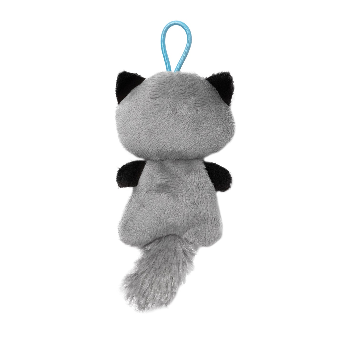 The Mad Cat Mat Cat Slingshot Critter Raccoon Catnip Plush Toy is a gray plush resembling a mad cat, viewed from the back, with black ears, a fluffy tail, and blue loop for hanging—ideal for playful moments sparked by catnip adventures!.