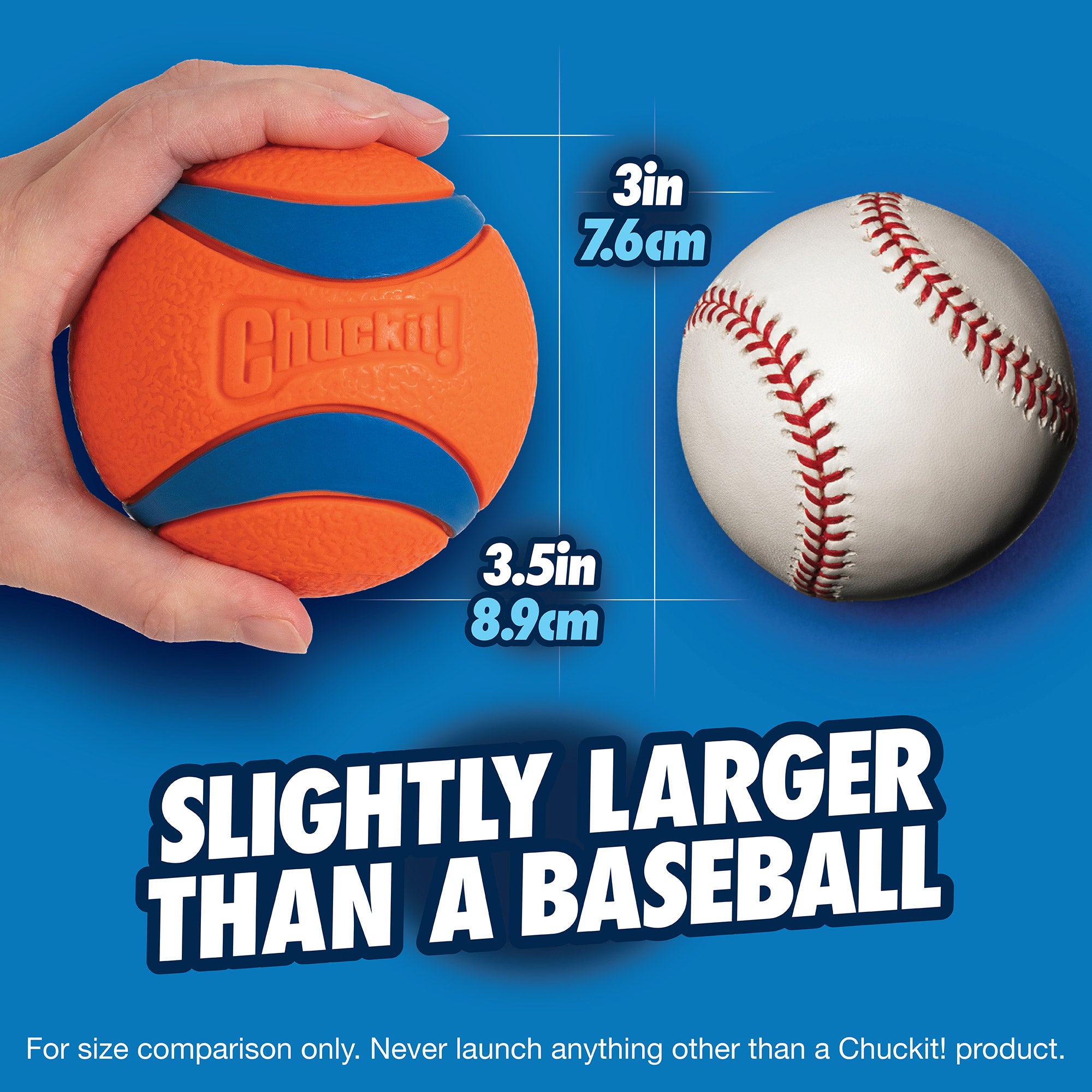 An orange and blue Chuckit Ultra Ball Dog Toy, known for its high bounce and durability, is held next to a 3-inch (7.6 cm) baseball. The Ultra Ball measures 3.5 inches (8.9 cm). Text reads, Slightly larger than a baseball.