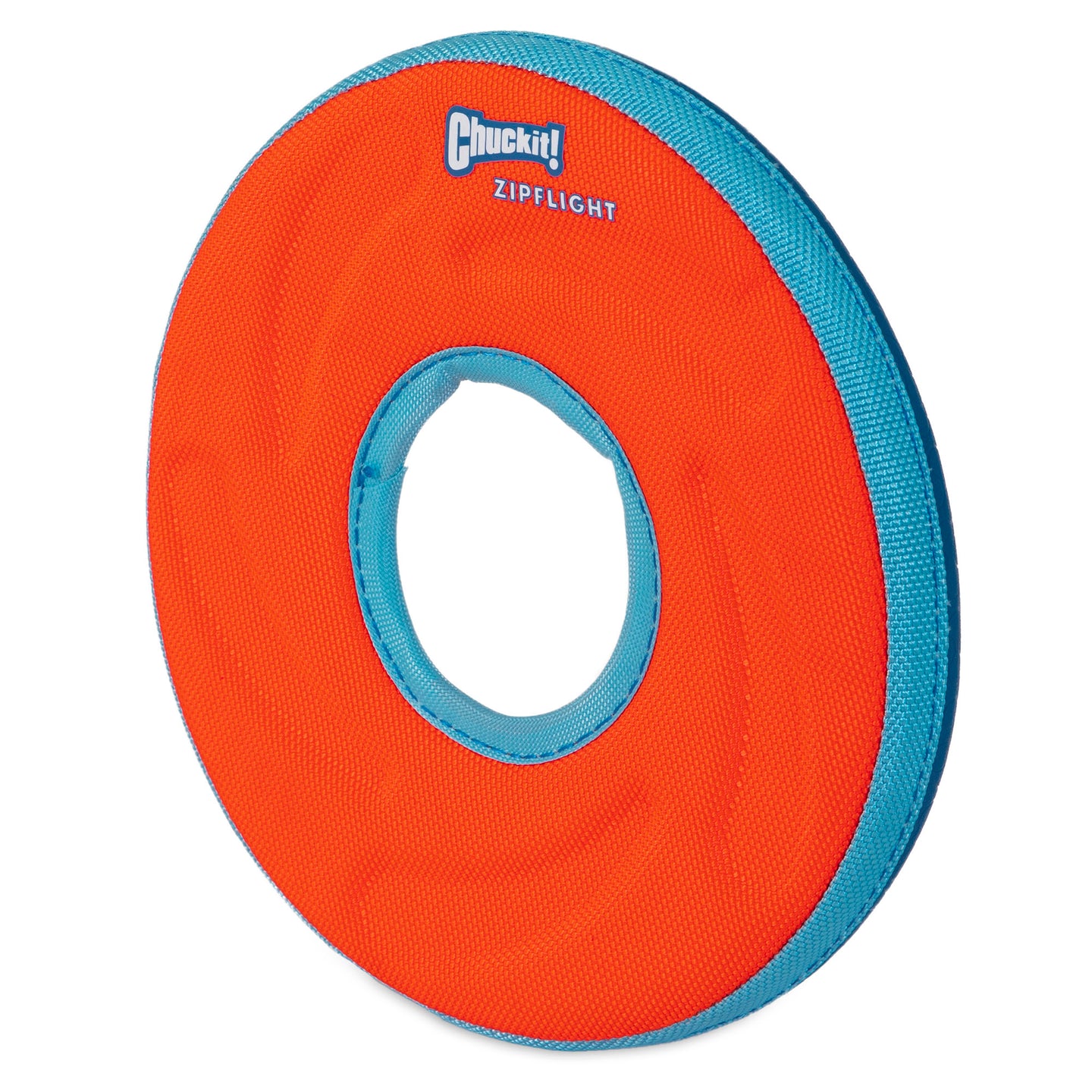 The Chuckit! Amphibious Zipflight disc, by Chuckit, features a vibrant orange and blue design. Made from durable fabric, its ring shape and hollow center are ideal for long-distance fetch in outdoor settings. This floating dog toy ensures endless fun on land or water.