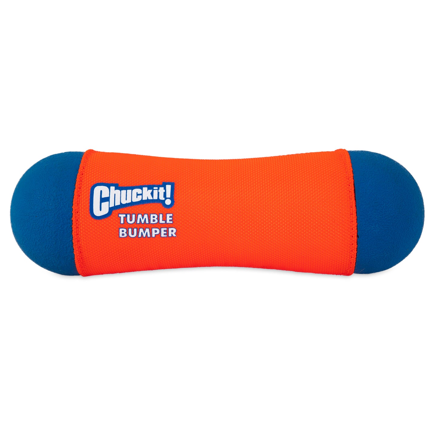 The Chuckit Amphibious Tumble Bumper, with a Bounceflex core, is a durable dog toy featuring an orange center with blue rounded ends. The name Chuckit! Tumble Bumper is printed on the vibrant orange section for added fun.