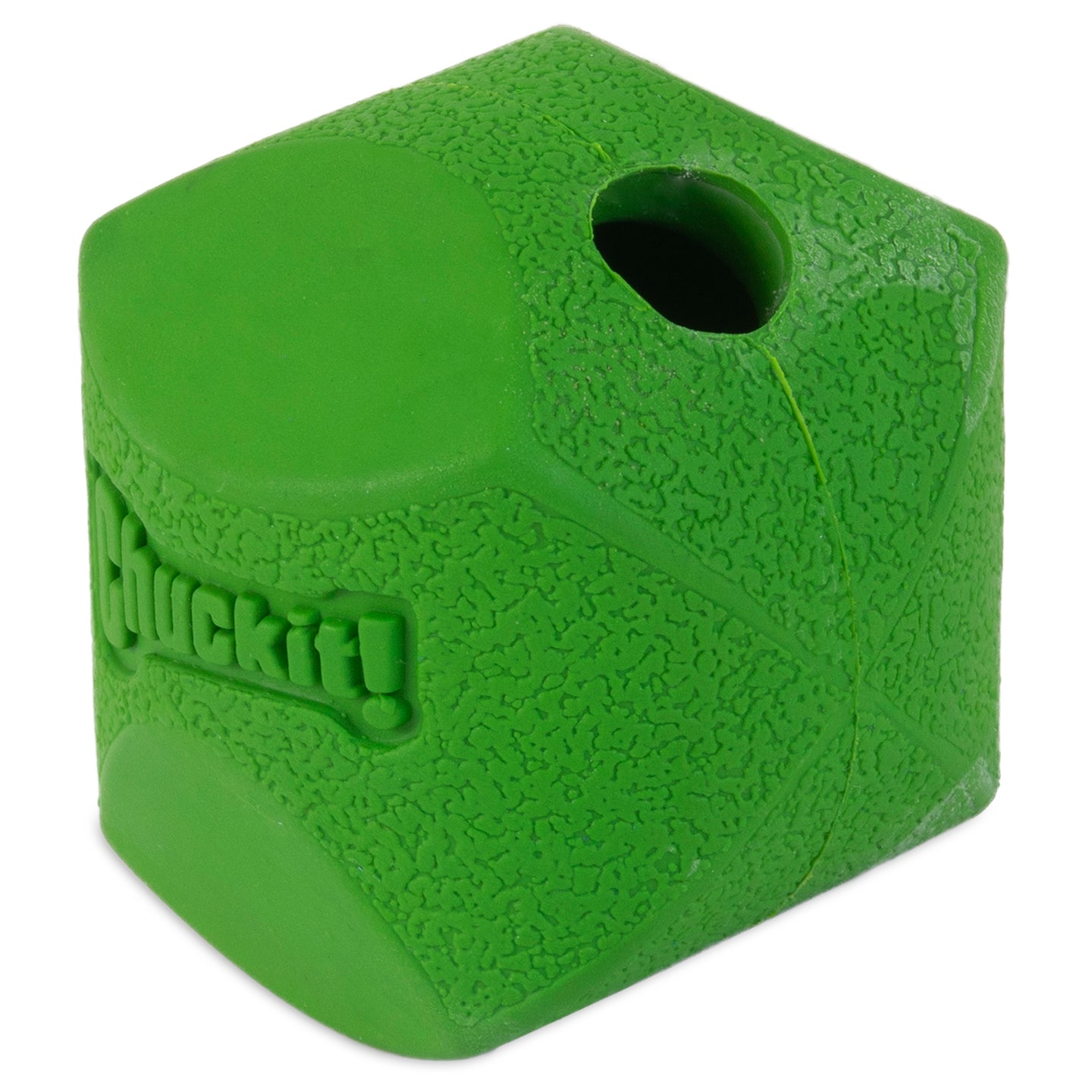 The Chuckit! Erratic Ball Dog Toy by Chuckit is a durable, green, textured rubber toy with a raised Chuckit! logo and a circular hole on top. Its rounded cube shape ensures high-bouncing, erratic fun for endless playtime.