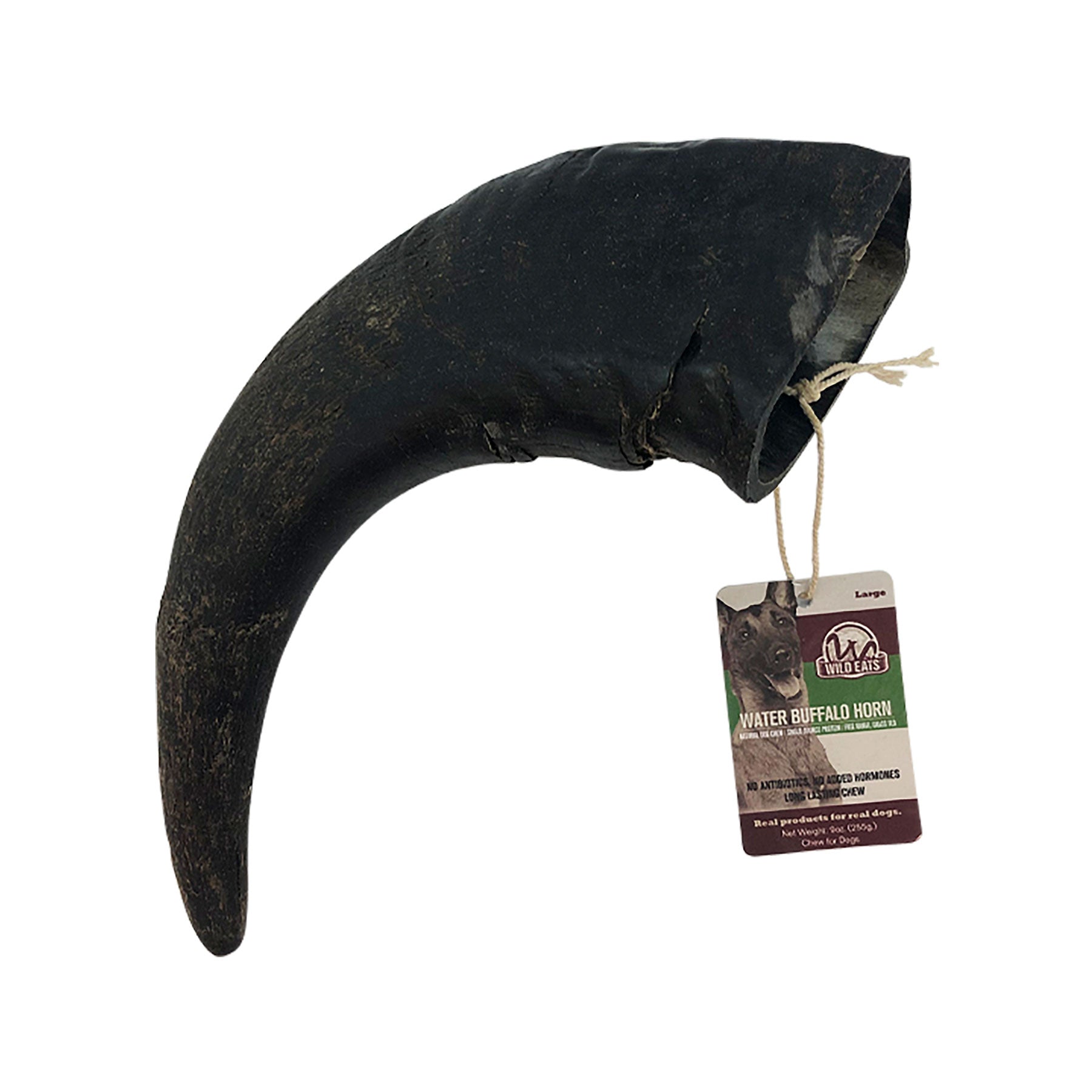 The Wild Eats Water Buffalo Horn Medium, a dark brown dog chew by Wild Eats, is ideal for grain-free diets. It features a string-attached label with text and a dog image, promoting its benefits as a single-source protein treat.