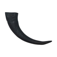 The Wild Eats Water Buffalo Horn Medium by Wild Eats is a dark brown, curved horn with a smooth texture, wider at the base and tapering to a pointed tip. This grain-free treat provides premium, single-source protein for dogs and is showcased on a white background.