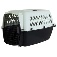 The Aspen Pet Petmate All Purpose Kennels- Pet Porter is a plastic pet carrier with a black base, white ventilated top, and metal grid door that meets many airline safety requirements. Shown open and empty.