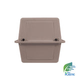 A tan plastic wall-mounted container with two black knobs on the front, viewed from the front. In the bottom right corner is the Petmate logo; this resembles a durable Petmate Traveler - Ultra Vari Kennel pet carrier.