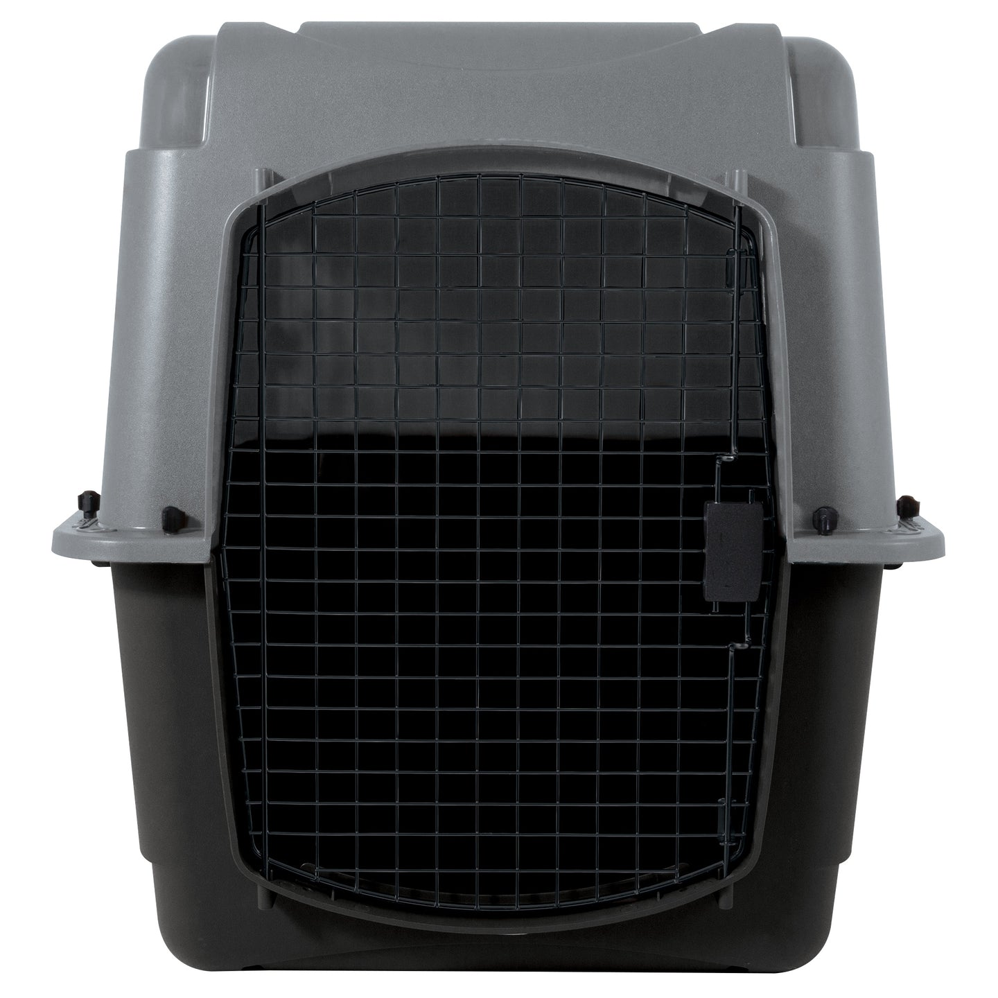 The Aspen Pet Petmate All Purpose Pet Porter is a large, hard-sided gray and black carrier with a secure metal wire door. Designed to meet air travel requirements, it ensures your pet’s safety and comfort during transport.