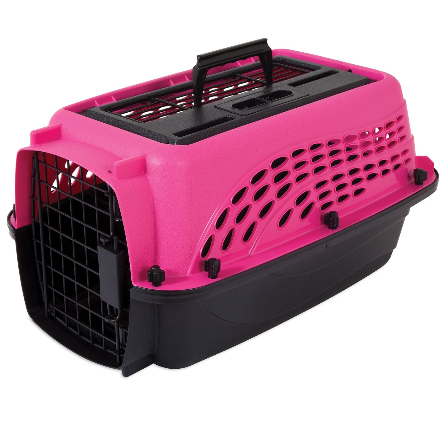 The pink and black Petmate E-Z Load Two Door Dog & Cat Kennel features EcoTEC Plastic, a metal front door, side ventilation holes, and a top handle for easy carrying.