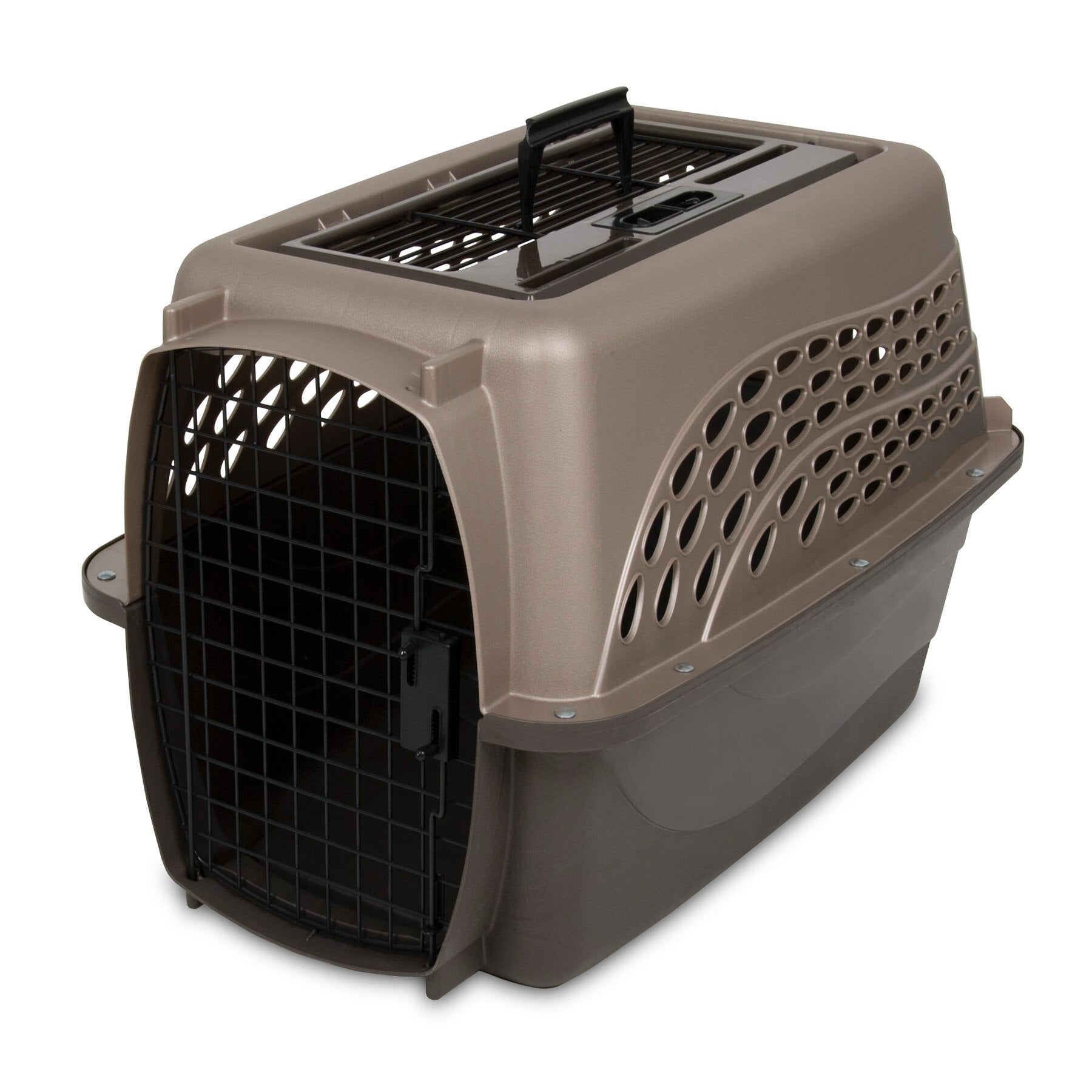 The Petmate E-Z Load Two Door Dog & Cat Kennel by Petmate is a brown and beige plastic pet carrier with a black metal door, side air holes, and a top handle. The door is open, showing the empty interior.