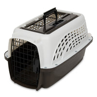 The Petmate E-Z Load Two Door Dog & Cat Kennel by Petmate features a brown base, white top with ventilation holes, a sturdy black handle, and a secure black metal door—ideal for safe pet travel.