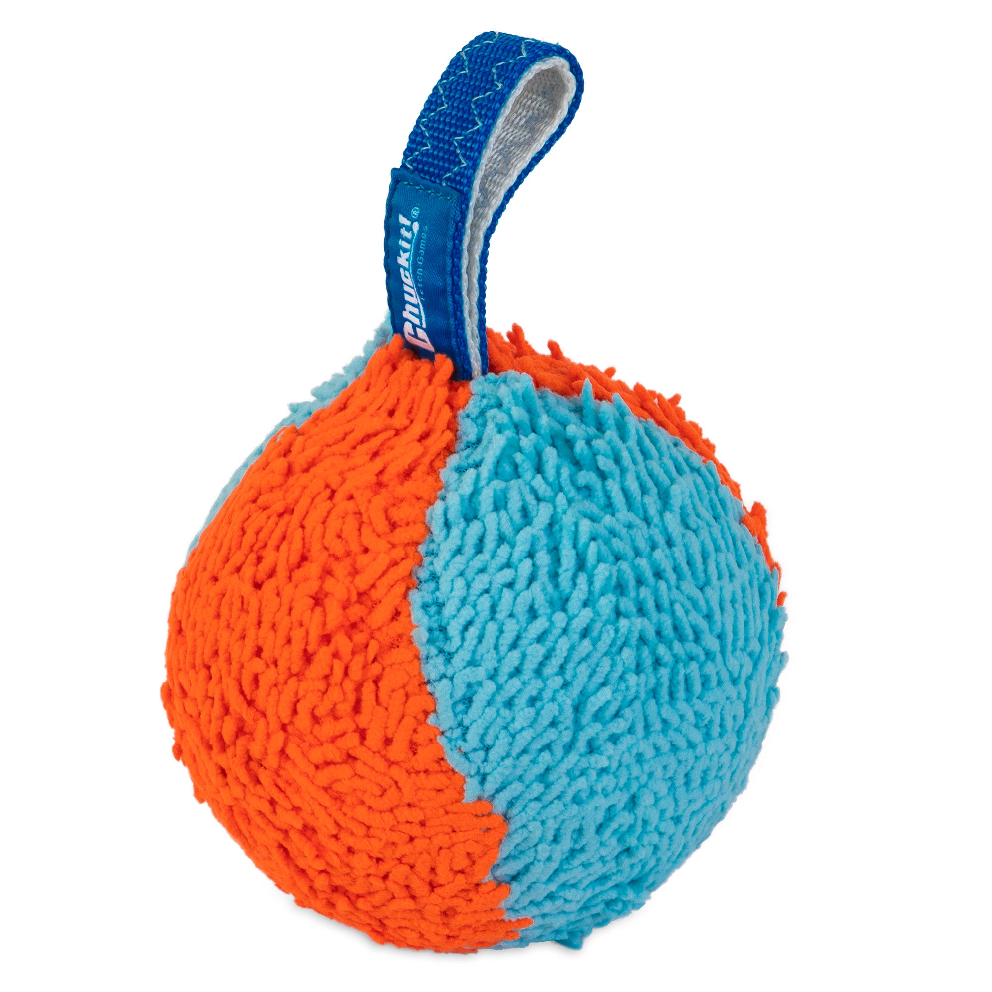The Chuckit! Indoor Shaker, a round dog toy from Chuckit, uses Bounceflex Core Technology for agile bouncing. Its divided into textured orange and blue halves with a top blue fabric handle labeled Chuckit! and pairs perfectly with the Chuckit! Indoor Launcher.
