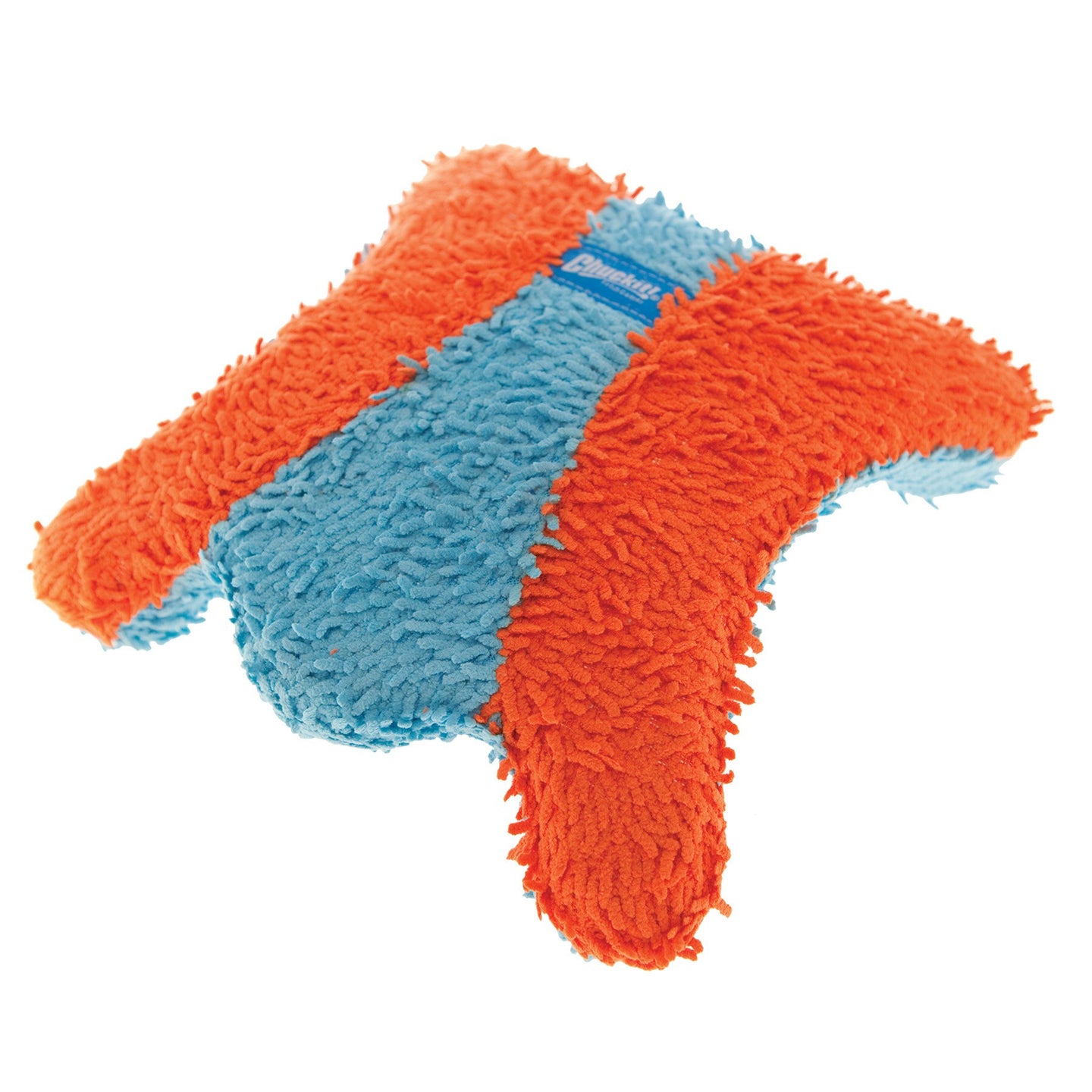 A plush star toy with fuzzy chenille fabric featuring bright orange and light blue halves, topped with a small blue label near the center, is as delightful to hold as the Chuckit Indoor Flying Squirrel.