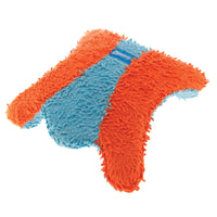 A plush star toy with fuzzy chenille fabric featuring bright orange and light blue halves, topped with a small blue label near the center, is as delightful to hold as the Chuckit Indoor Flying Squirrel.